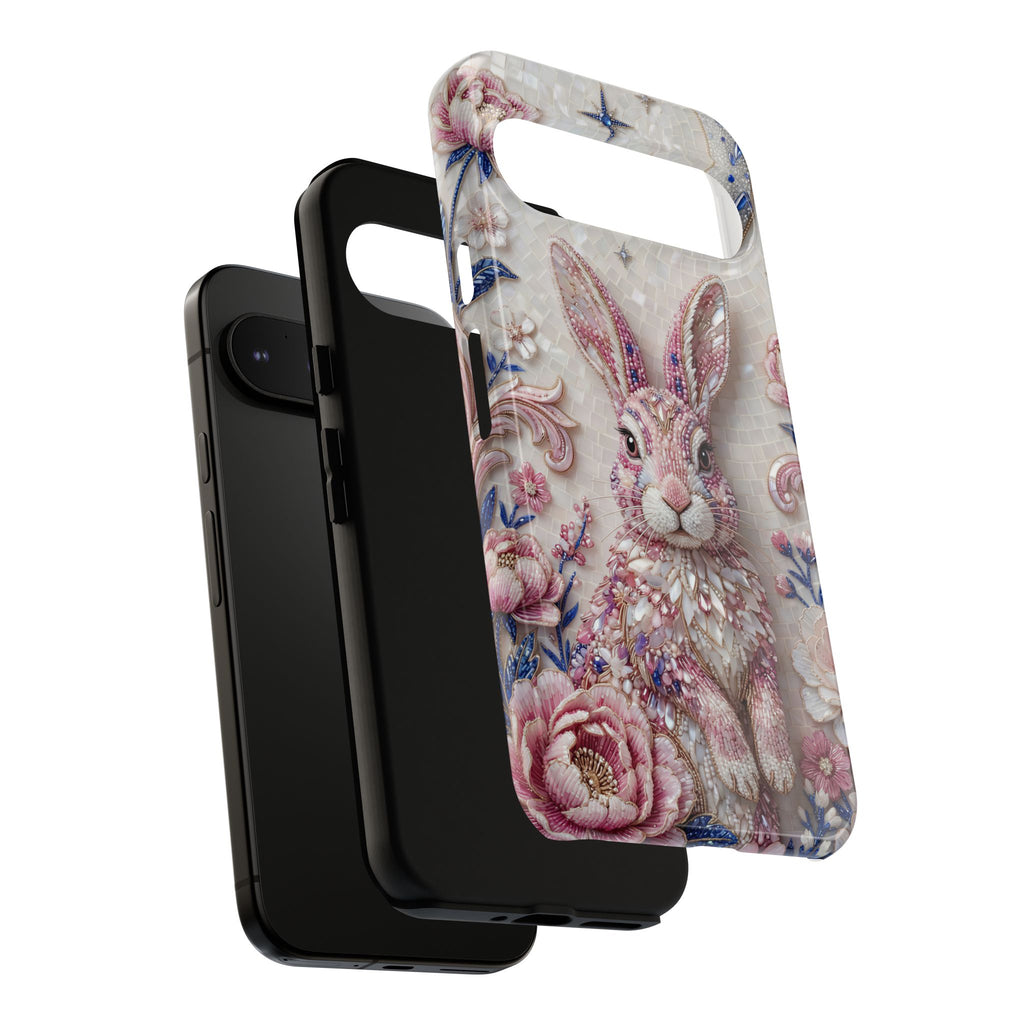 Floral Moon Rabbit Tough Google Pixel Phone Case | Pink Boho Bunny Protective Cover