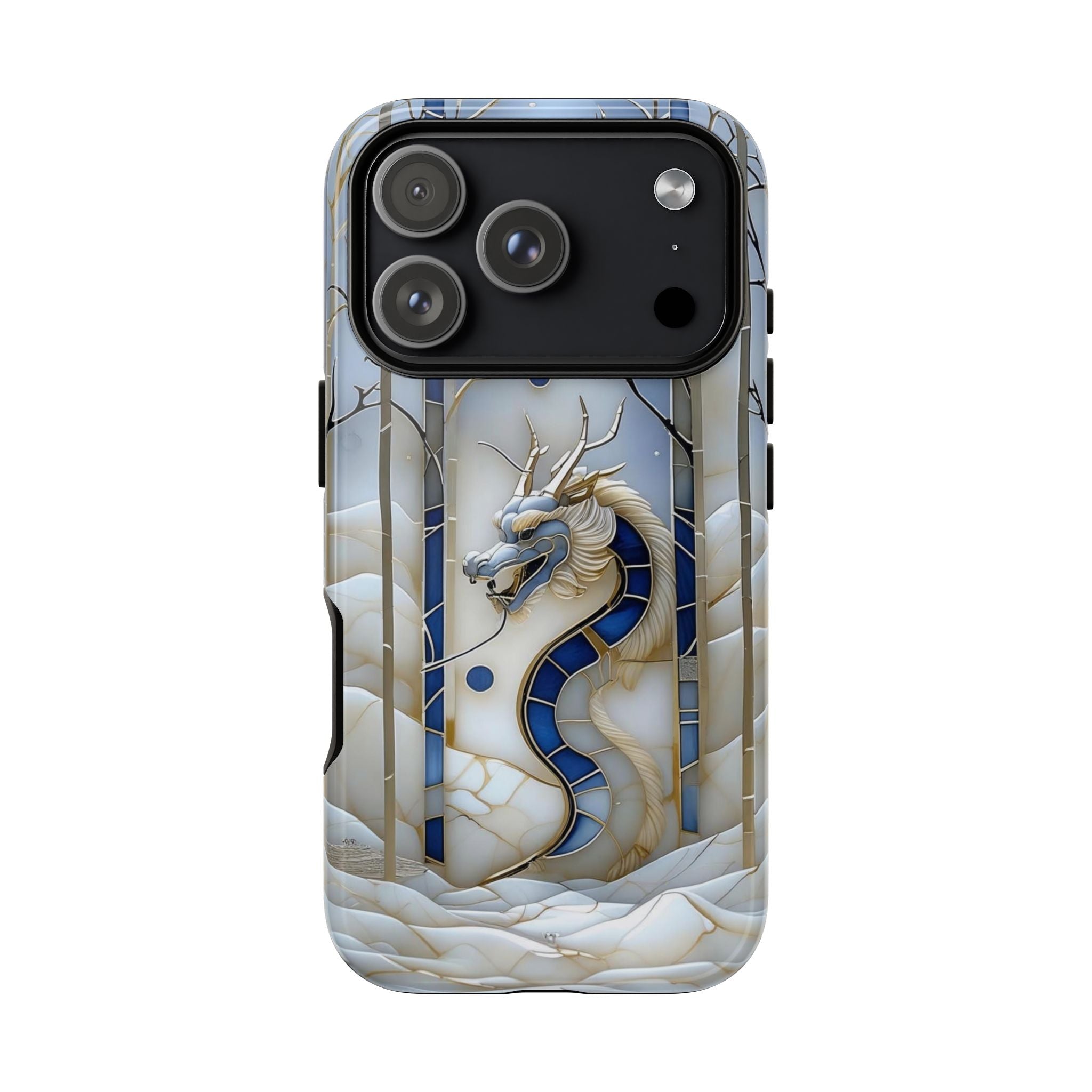 Dragon Stained Glass iPhone Case — Blue Winter Forest Protective Cover