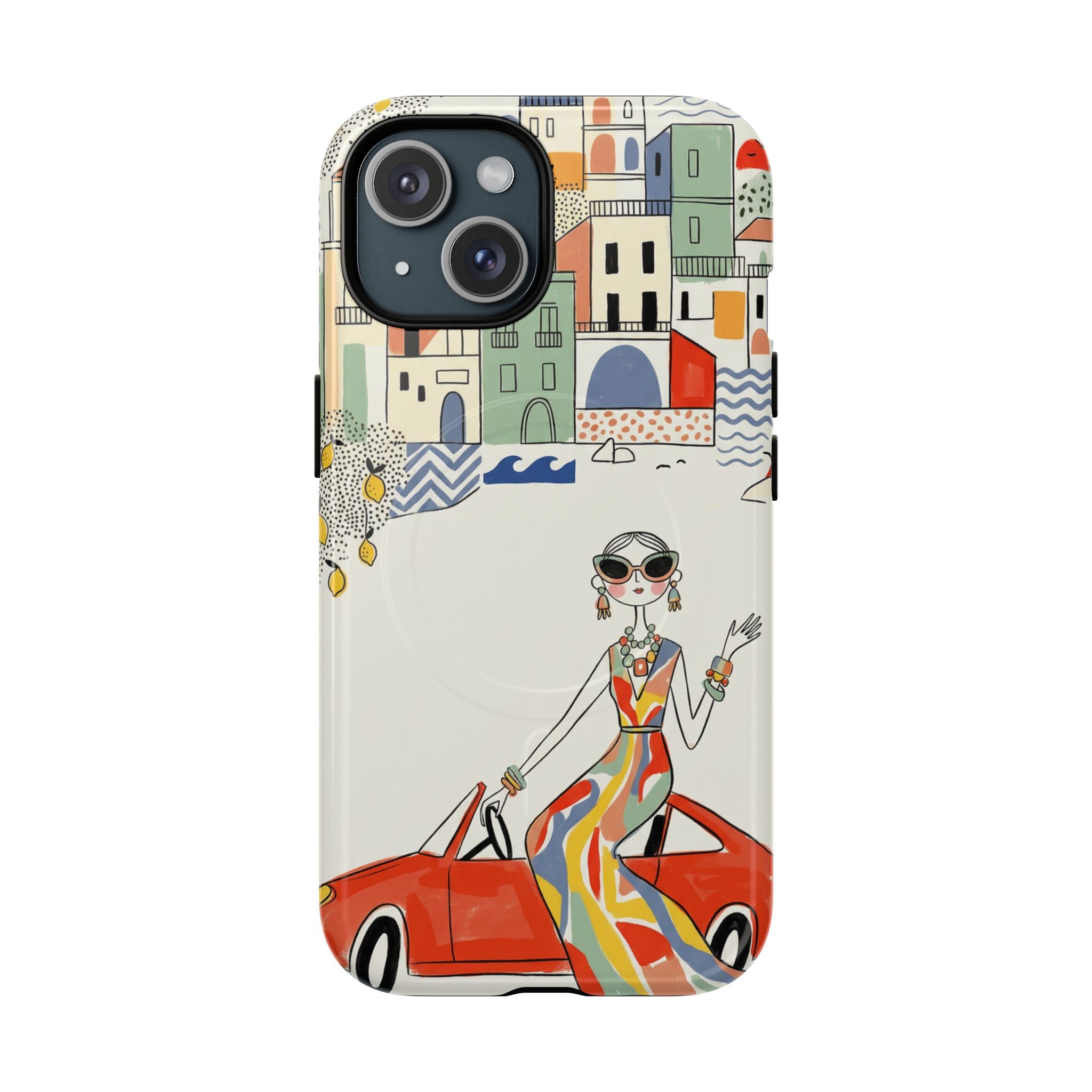 Stylish Riviera MagSafe iPhone Case | Chic Retro Woman in Convertible Design
