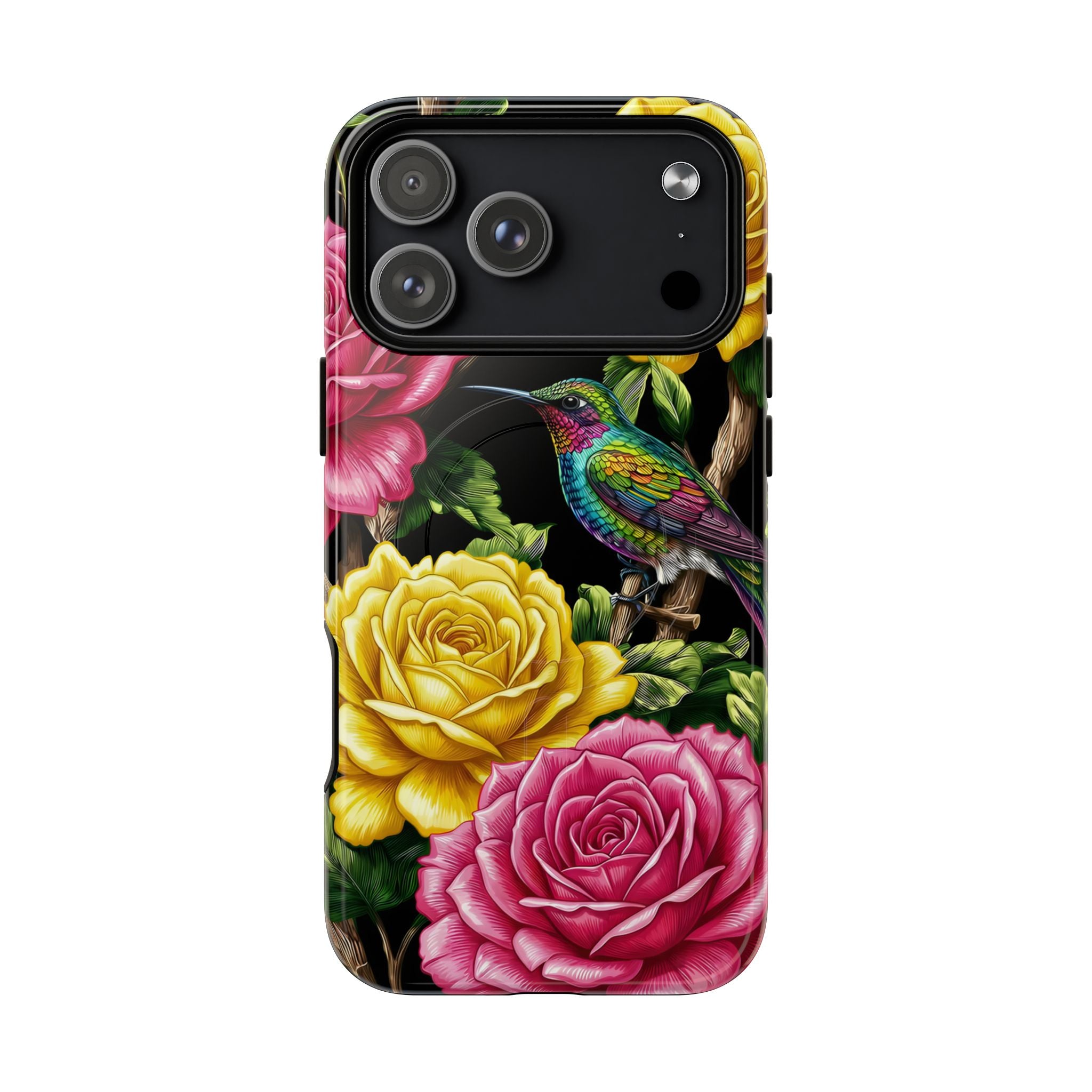 Floral Hummingbird Tough MagSafe iPhone Case | Vibrant Rose & Yellow Garden Protection