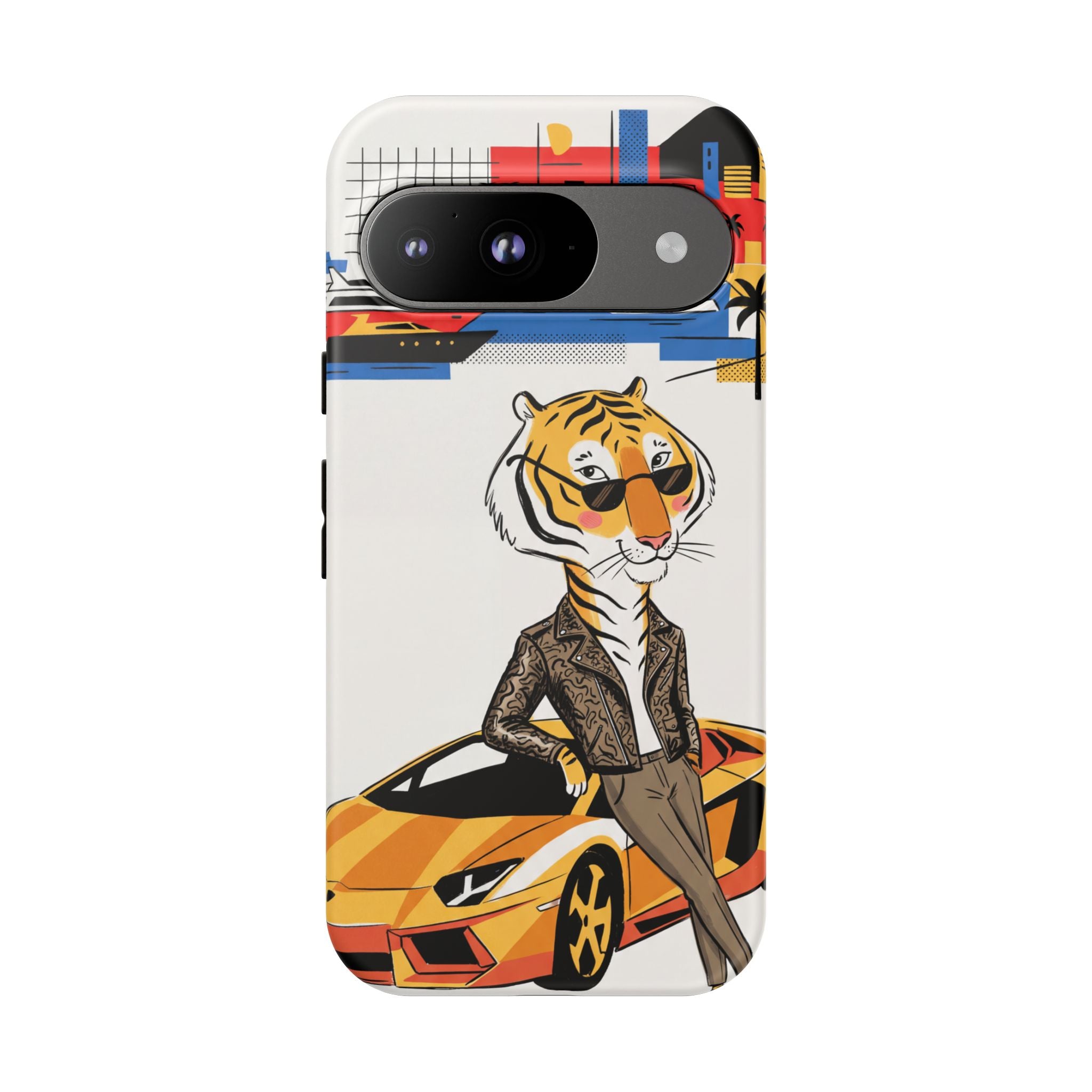 Stylish Tiger with Sports Car Illustration Google Pixel Phone Case