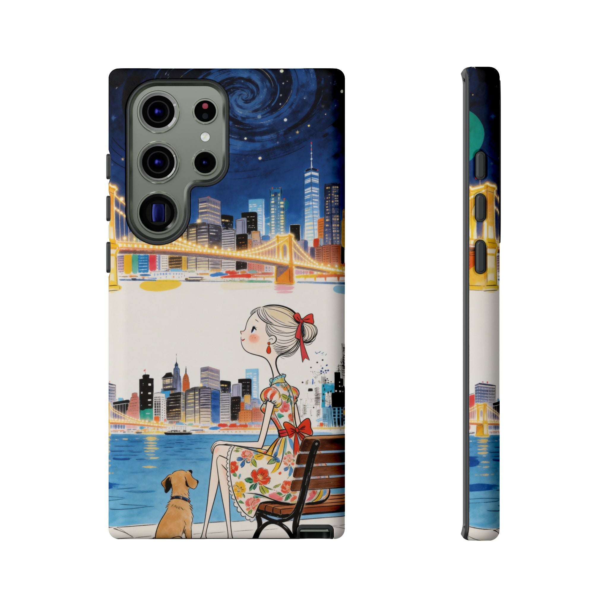 City Night Samsung Galaxy Phone Case | Cute Girl & Dog Bench Illustration