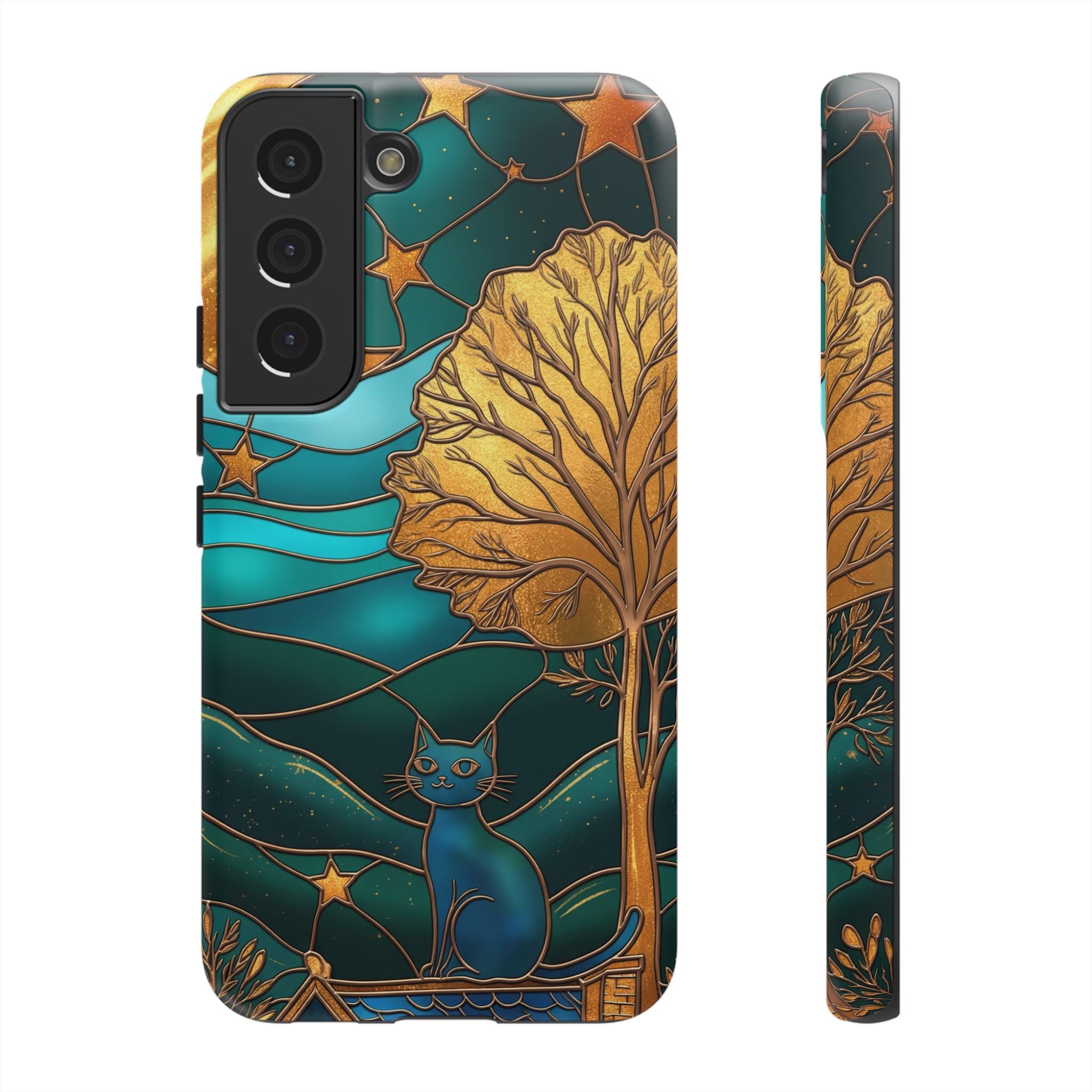 Stained Glass Cat Tough Samsung Galaxy Case | Gold Tree & Starry Night Design