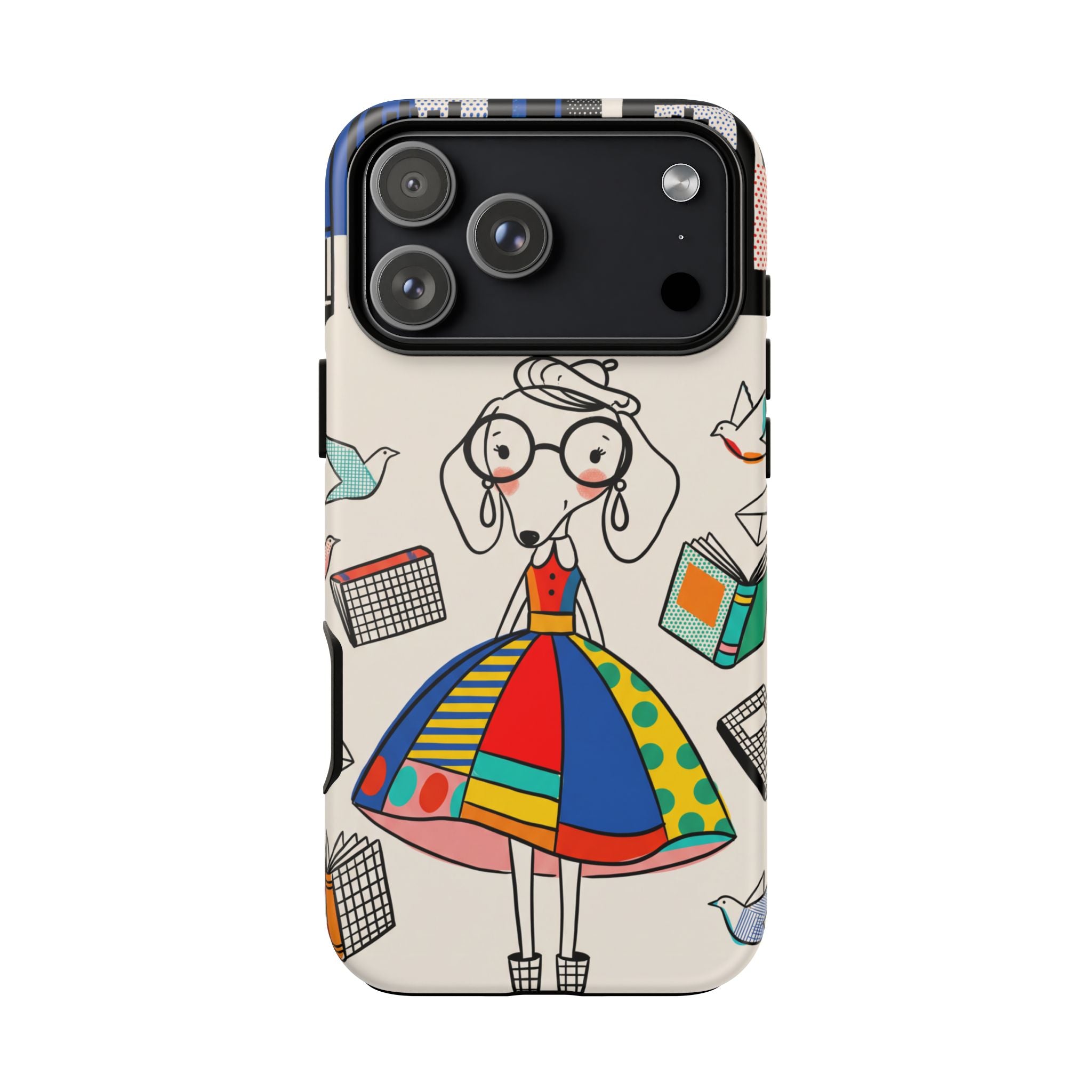 Cute Dachshund Dog Illustration iPhone Case | Colorful Whimsical Book & Bird Design