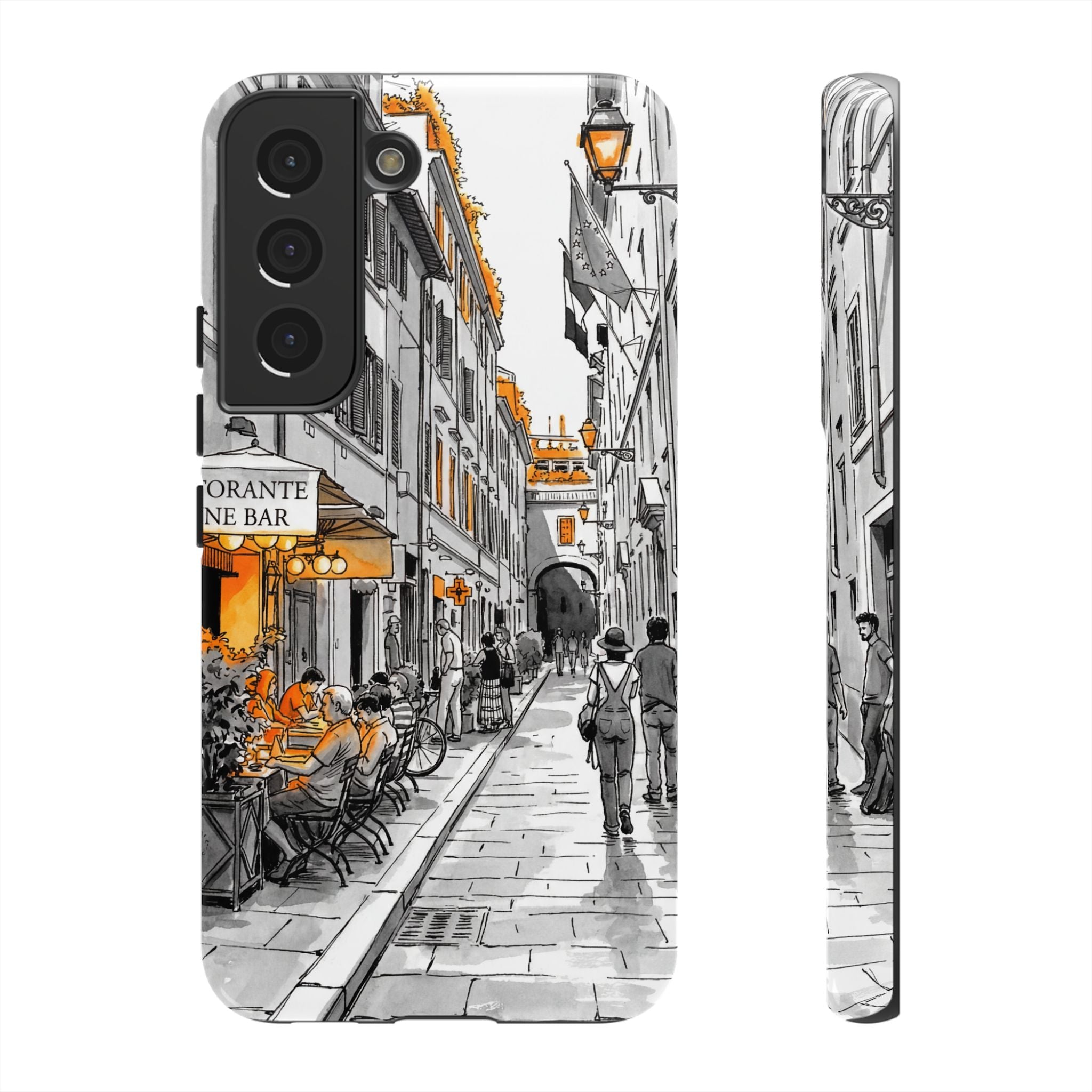 Italy Street Samsung Galaxy Case | Black & White Cityscape with Orange Accents