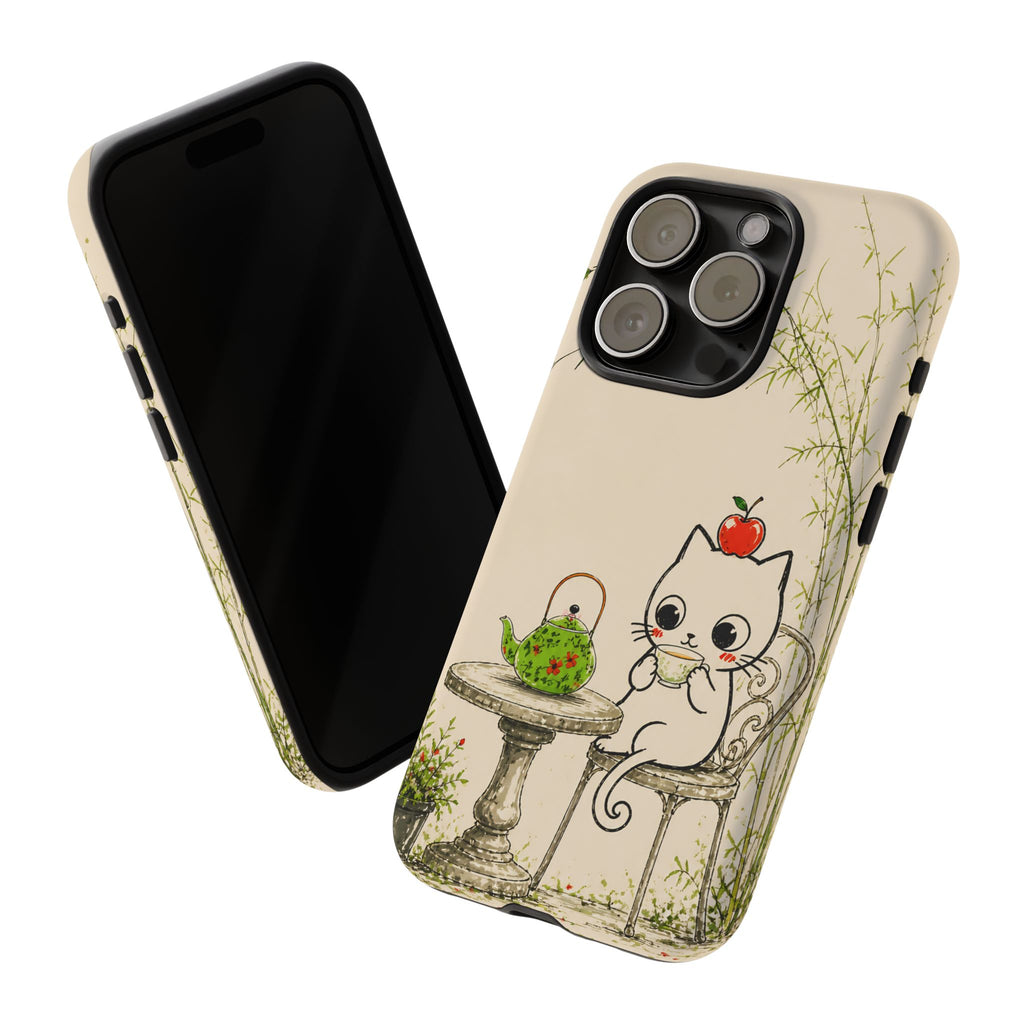 Cute Cat Tea Time iPhone Case | Kawaii Kitten with Apple Design
