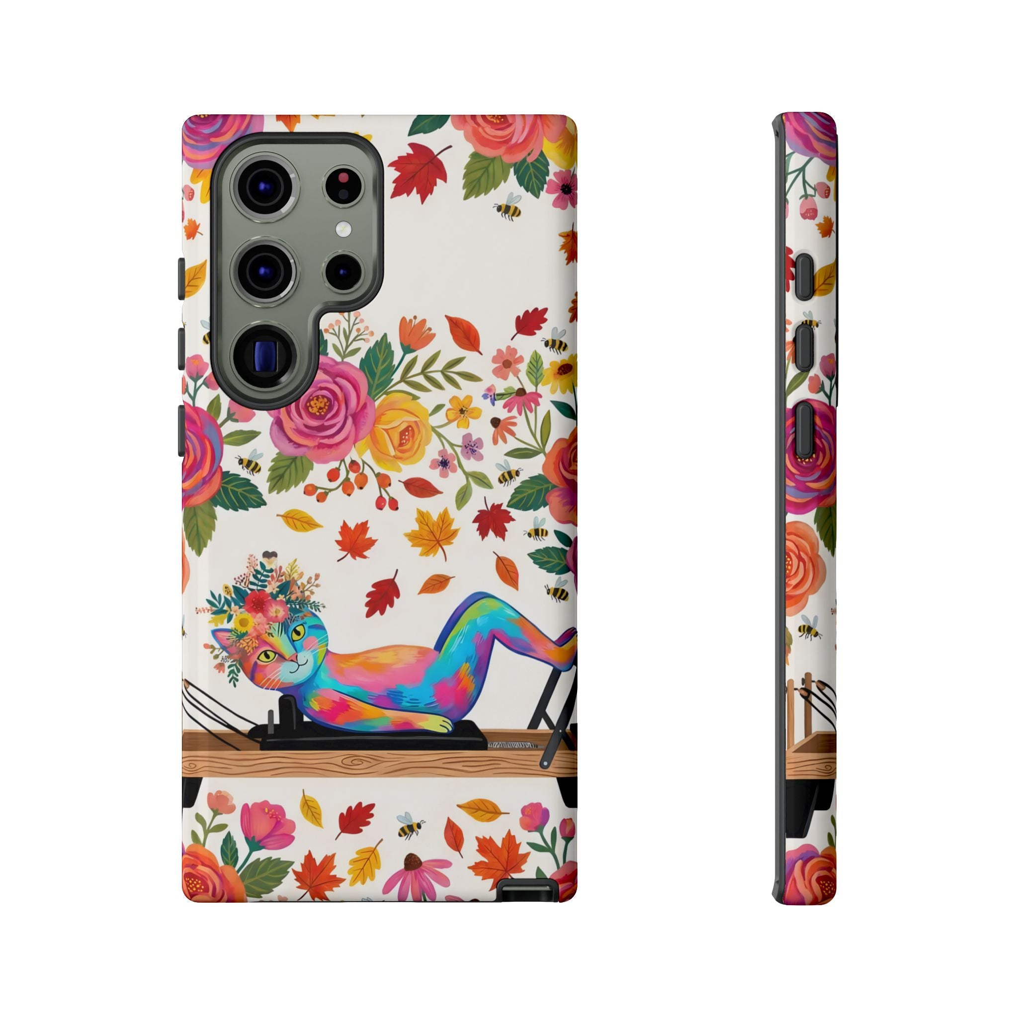 Autumn Floral Pilates Samsung Galaxy Phone Case | Colorful Rainbow Pilates Figure on Falling Leaves