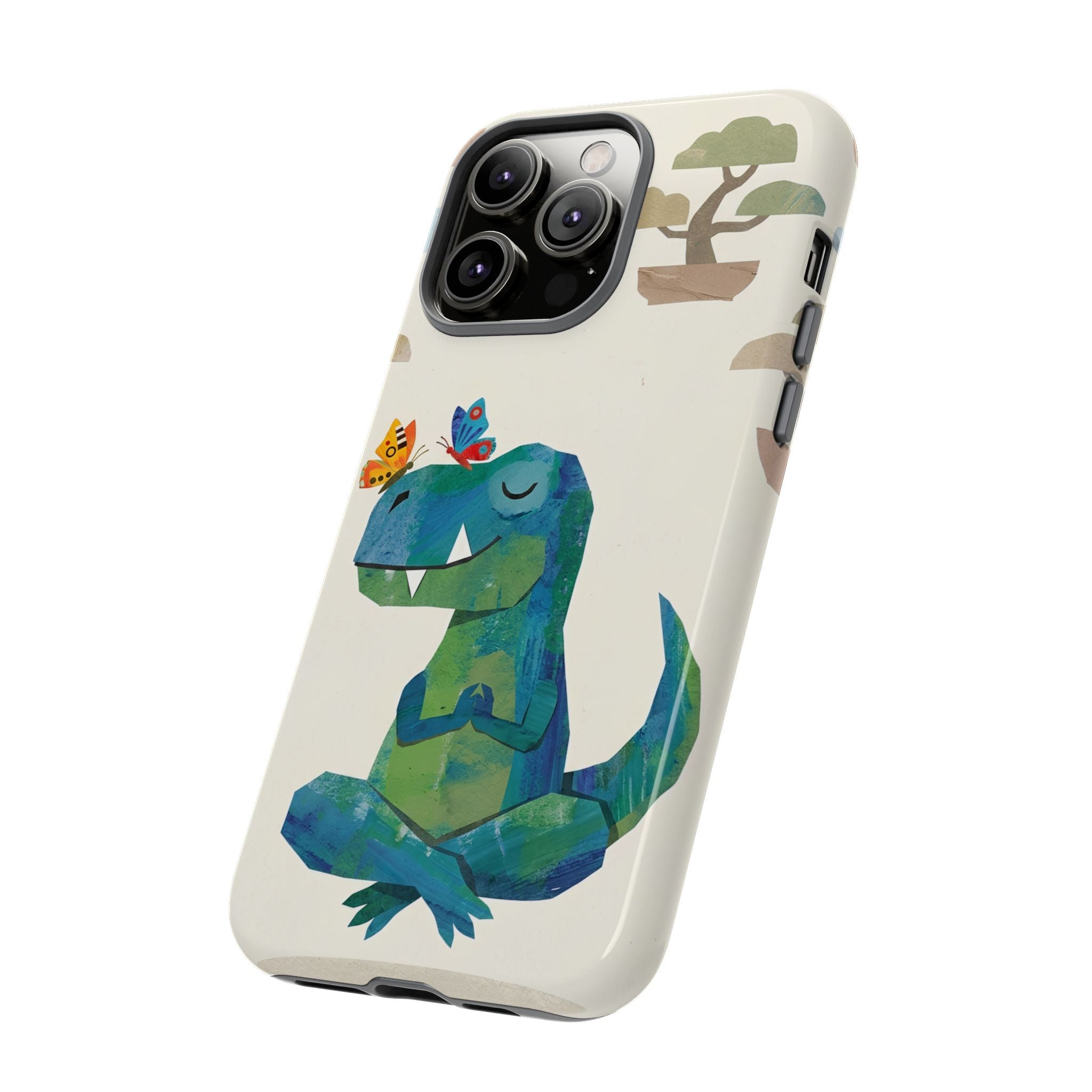 Meditating Dinosaur iPhone Case | Cute T-Rex with Butterflies and Bonsai