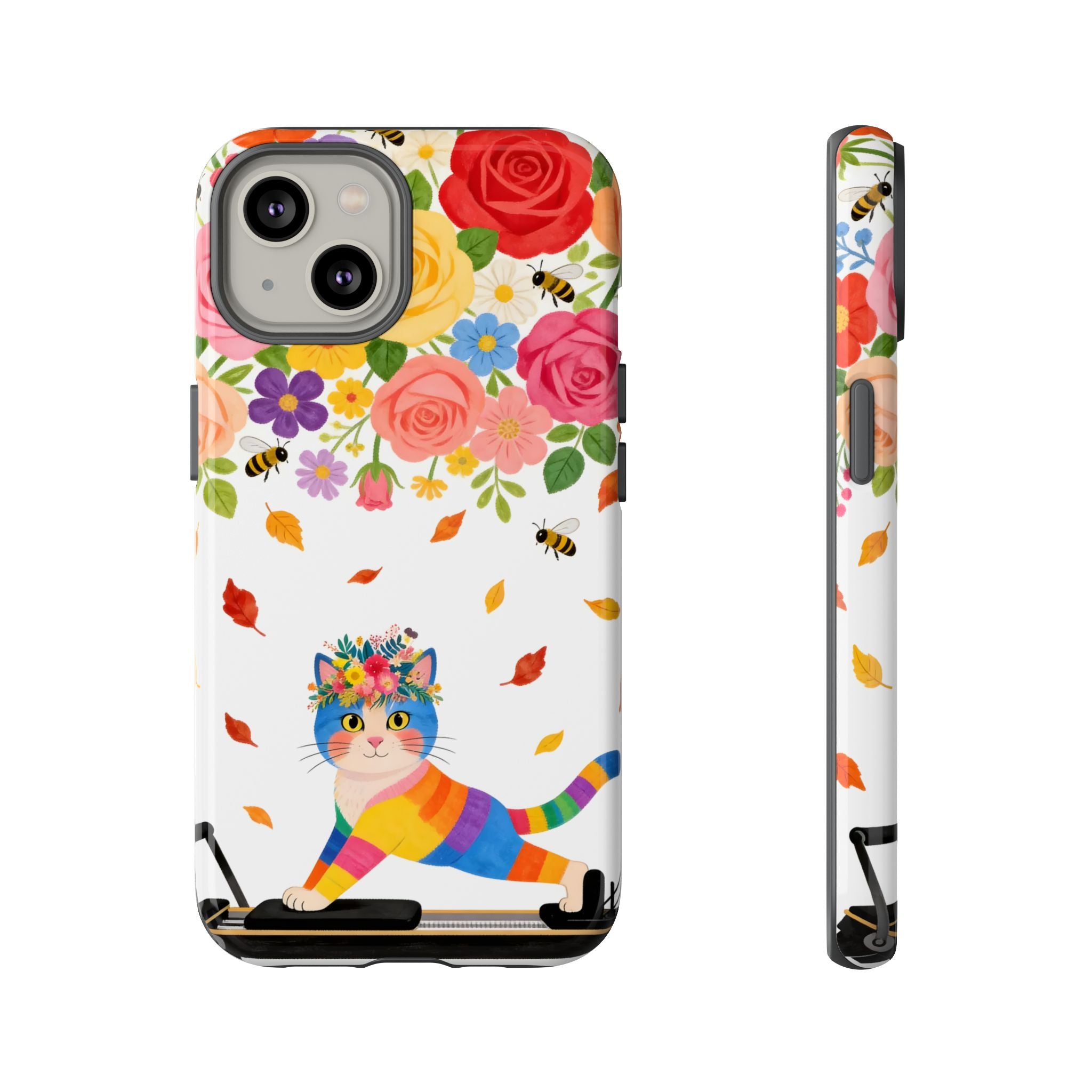 Floral Rainbow Cat Tough iPhone Case — Colorful Pilates Cat Design