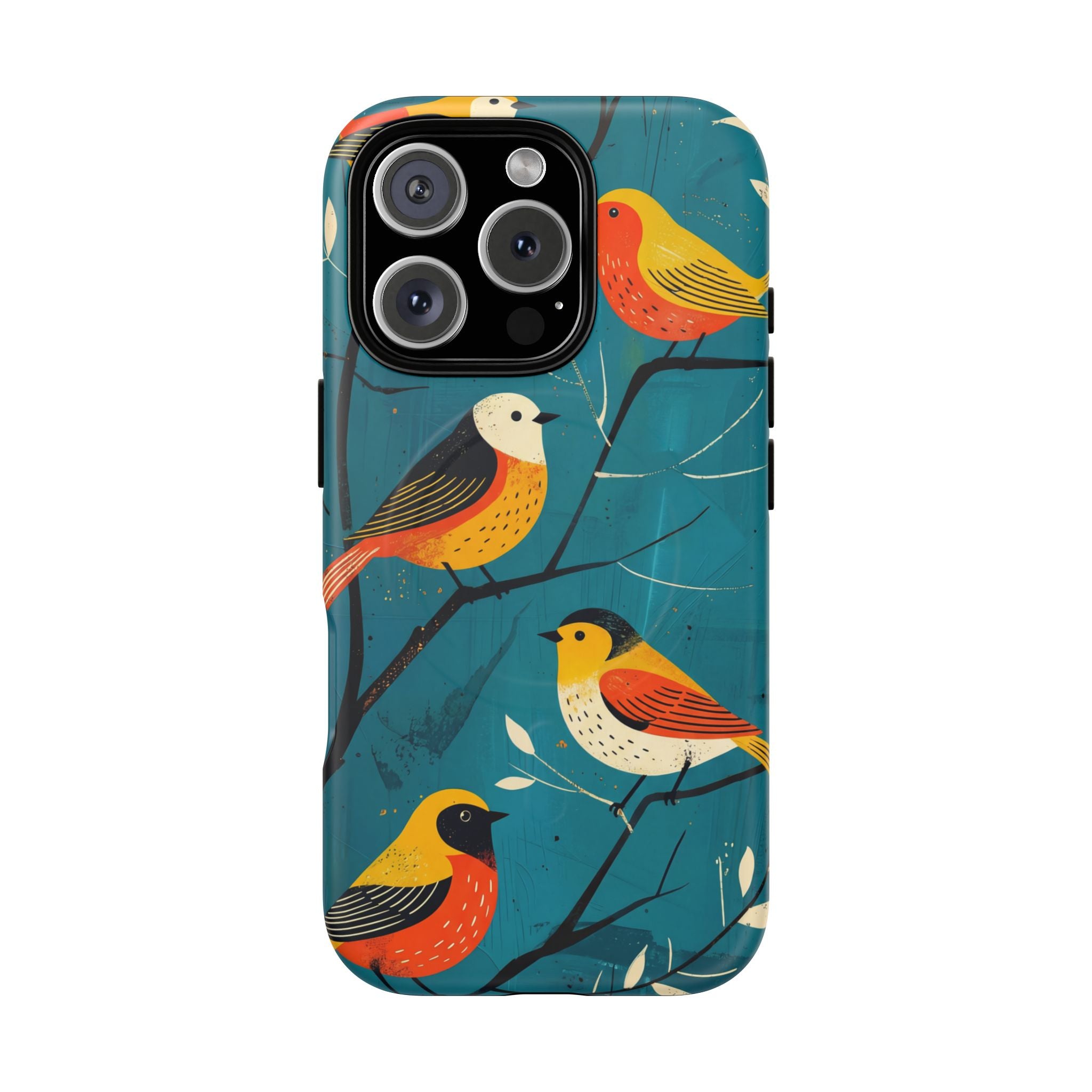 Bird Pattern Tough MagSafe iPhone Case | Colourful Songbirds on Teal Background