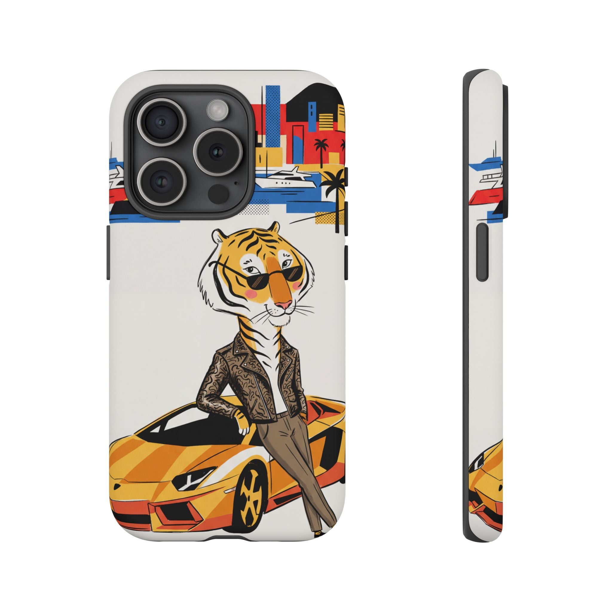 Stylish Tiger with Sports Car Illustration iPhone Case