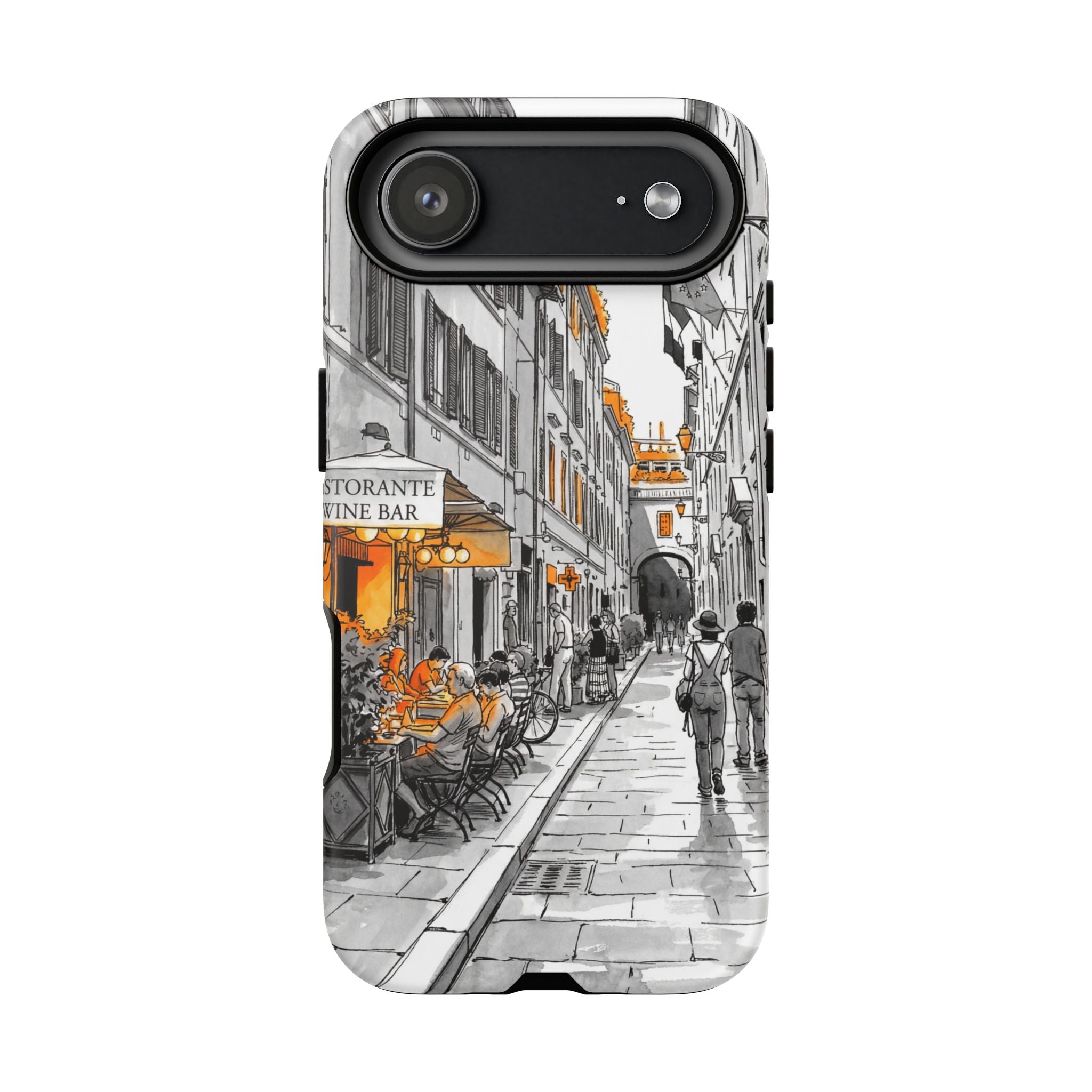 Vintage Italy Street iPhone Case | Black & White Sketch with Orange Accent