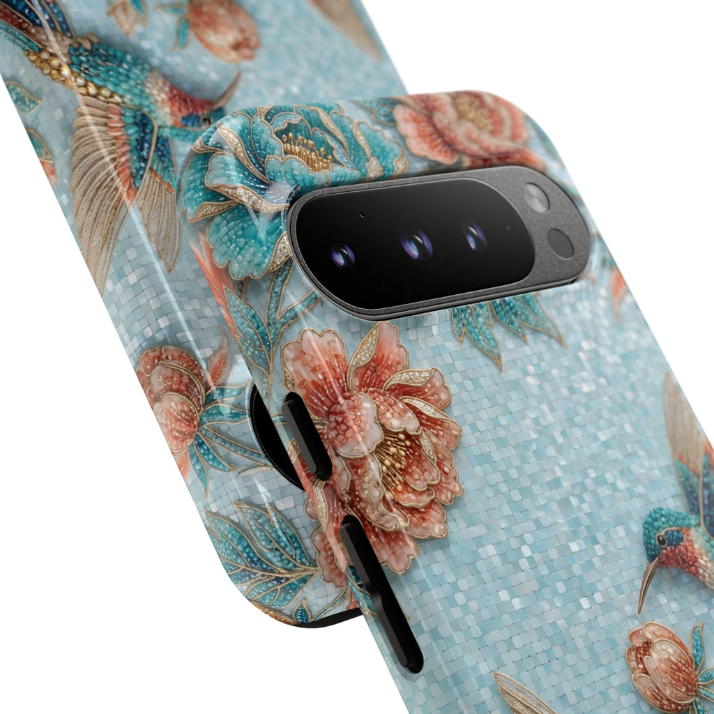 Cover per telefono Google Pixel "Hummingbird Floral Tough" | Design vintage floreale blu
