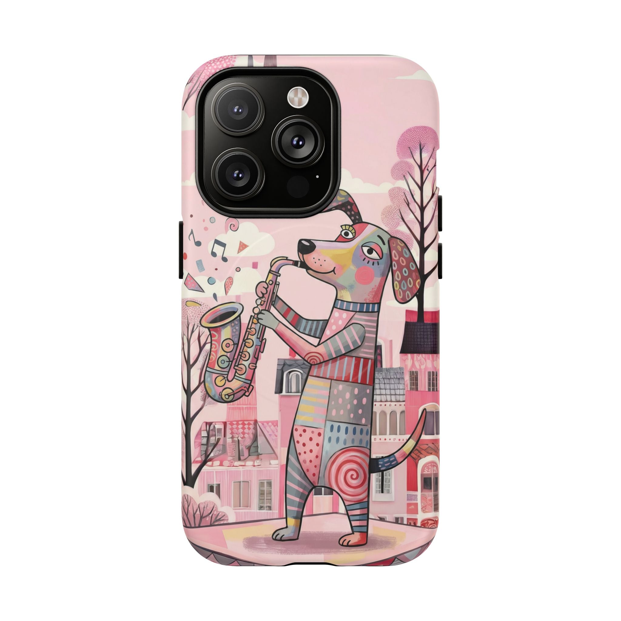 Saxophone Dog MagSafe iPhone Case | Cute Pink Musical Art Protective Case