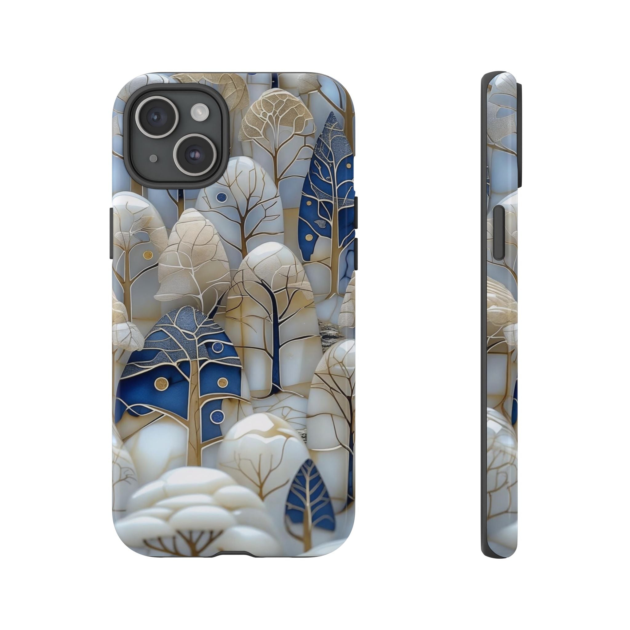 Blue Gold Winter Forest iPhone Case — Elegant Tree Pattern Tough Case