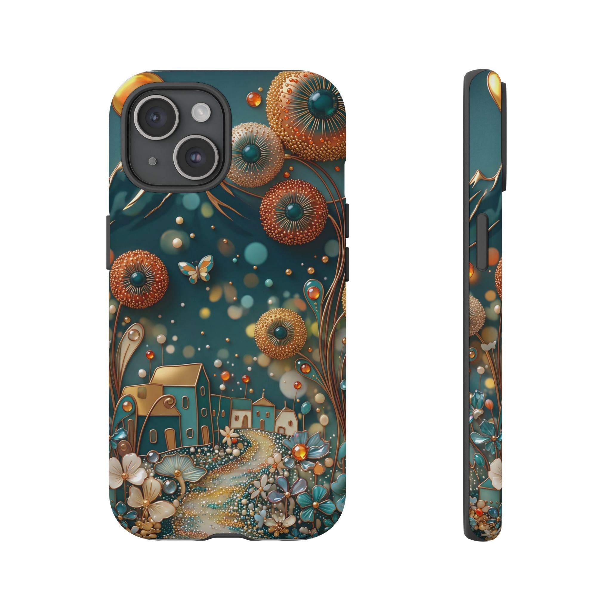 Whimsical Night Village iPhone Case | Floral Moonlit Art Tough Case