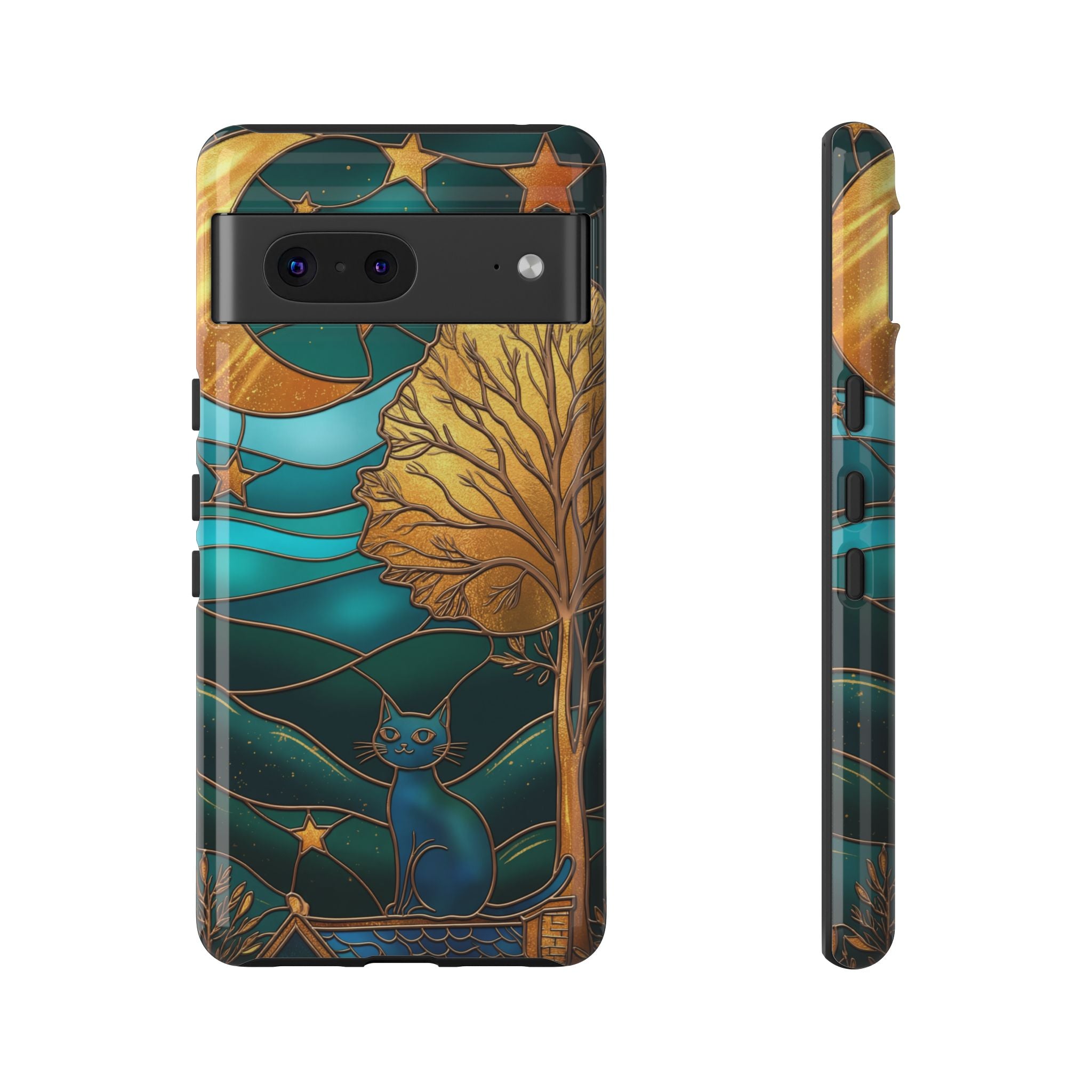 Stained Glass Night Cat Google Pixel Case | Teal & Gold Art Deco Protection
