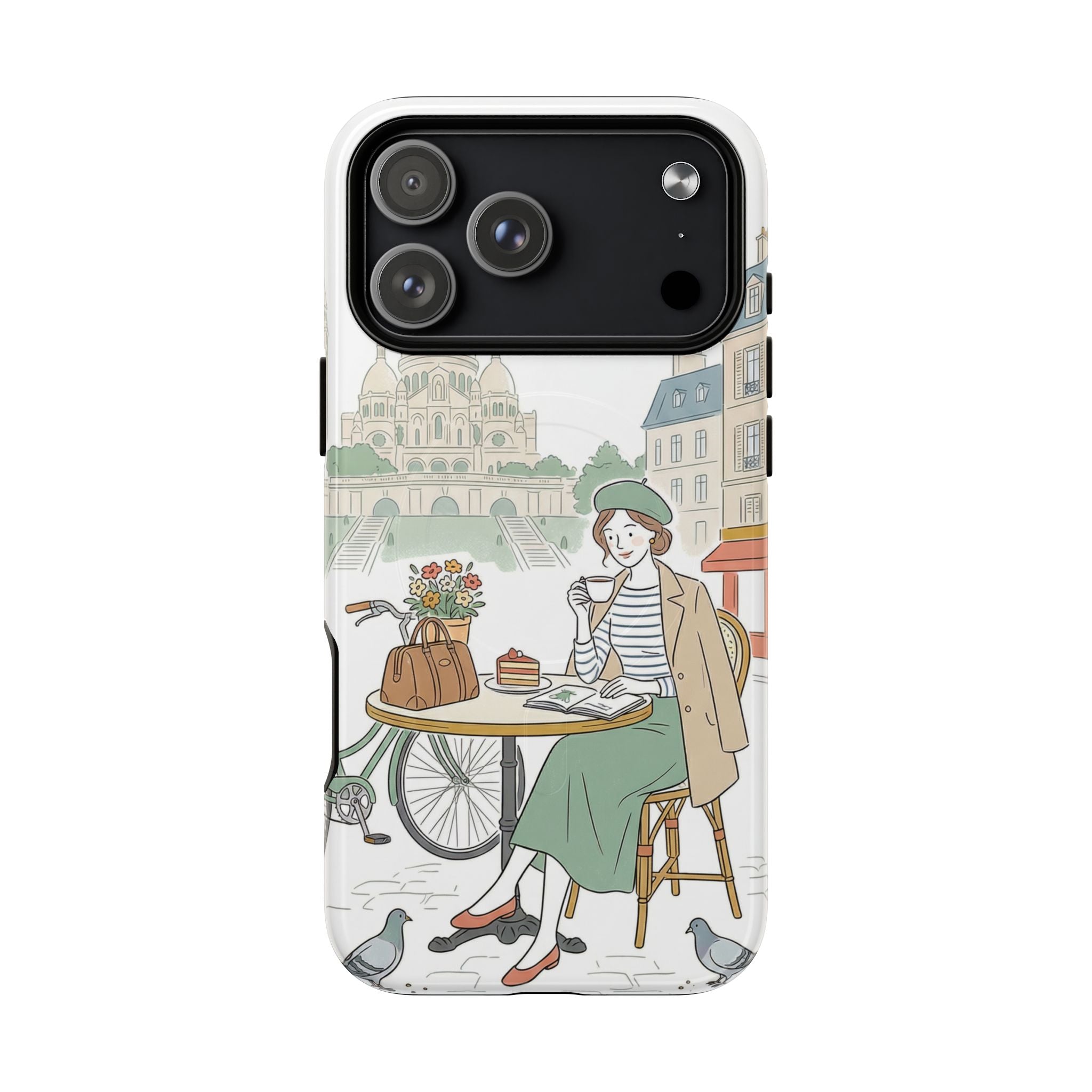 Paris Cafe Illustration MagSafe iPhone Case | Vintage Bicycles & Pigeons Protective Cover
