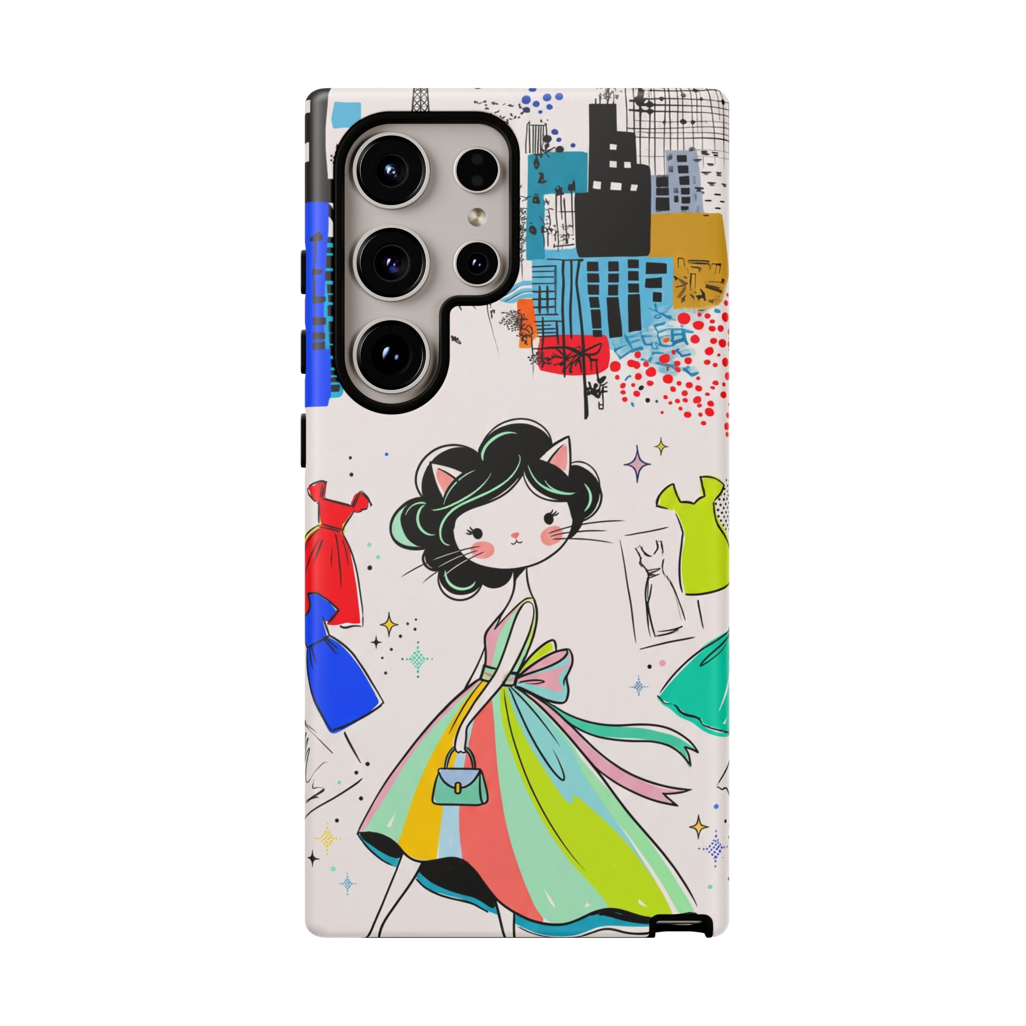 Retro Fashion Cat Girl Samsung Galaxy Phone Case | Cute Dress & City Print