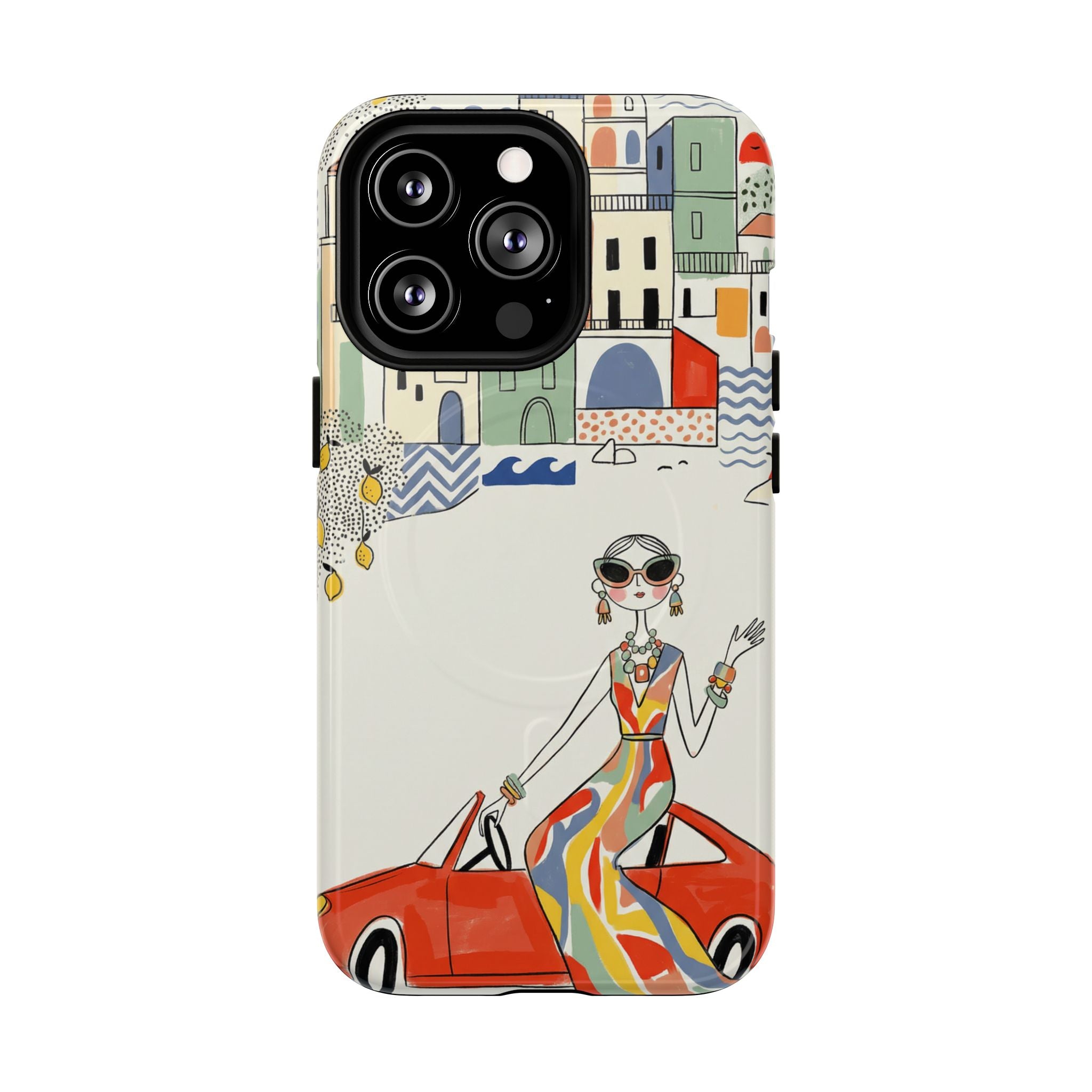 Stylish Riviera MagSafe iPhone Case | Chic Retro Woman in Convertible Design