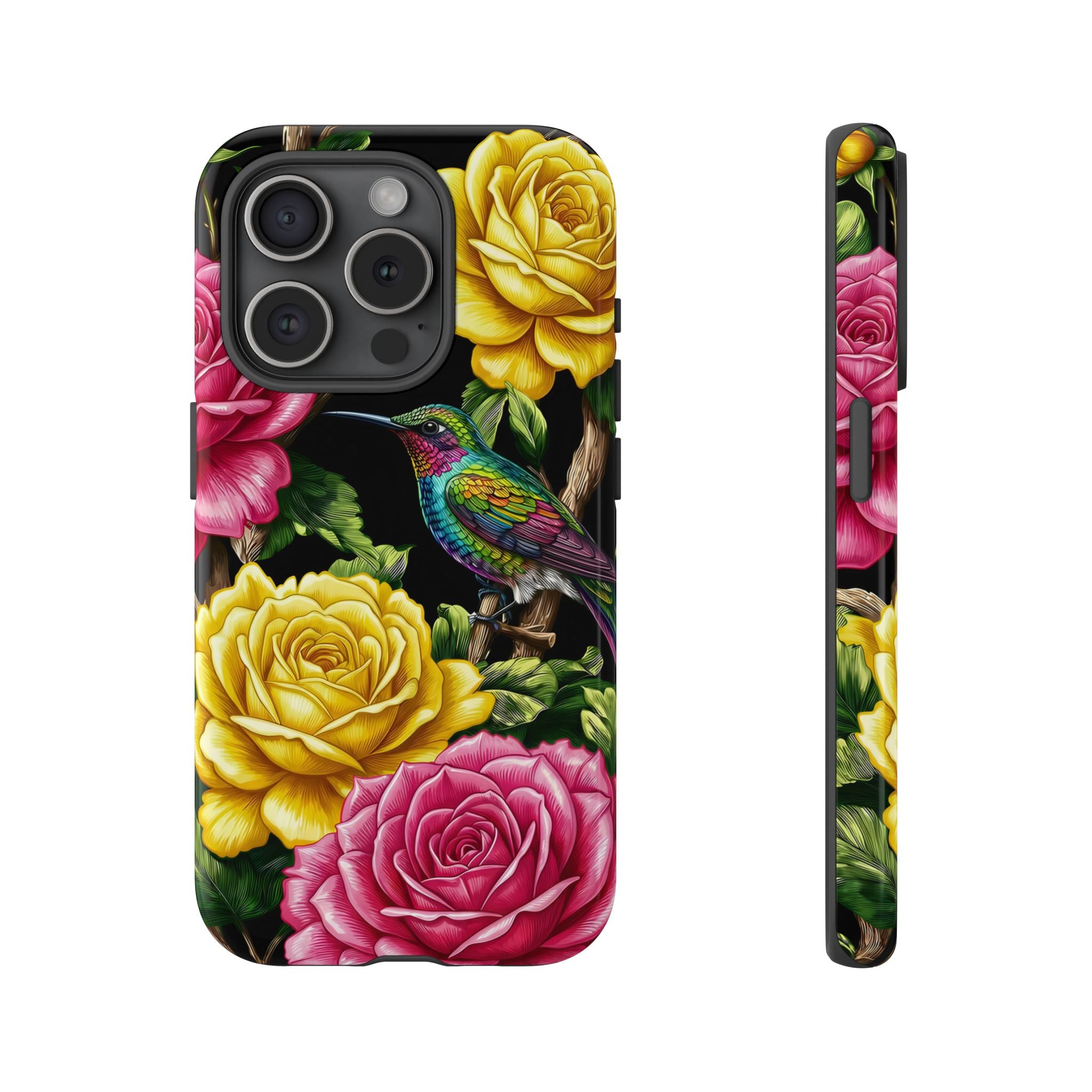 Floral Hummingbird Tough iPhone Case | Vibrant Rose & Yellow Garden Protection