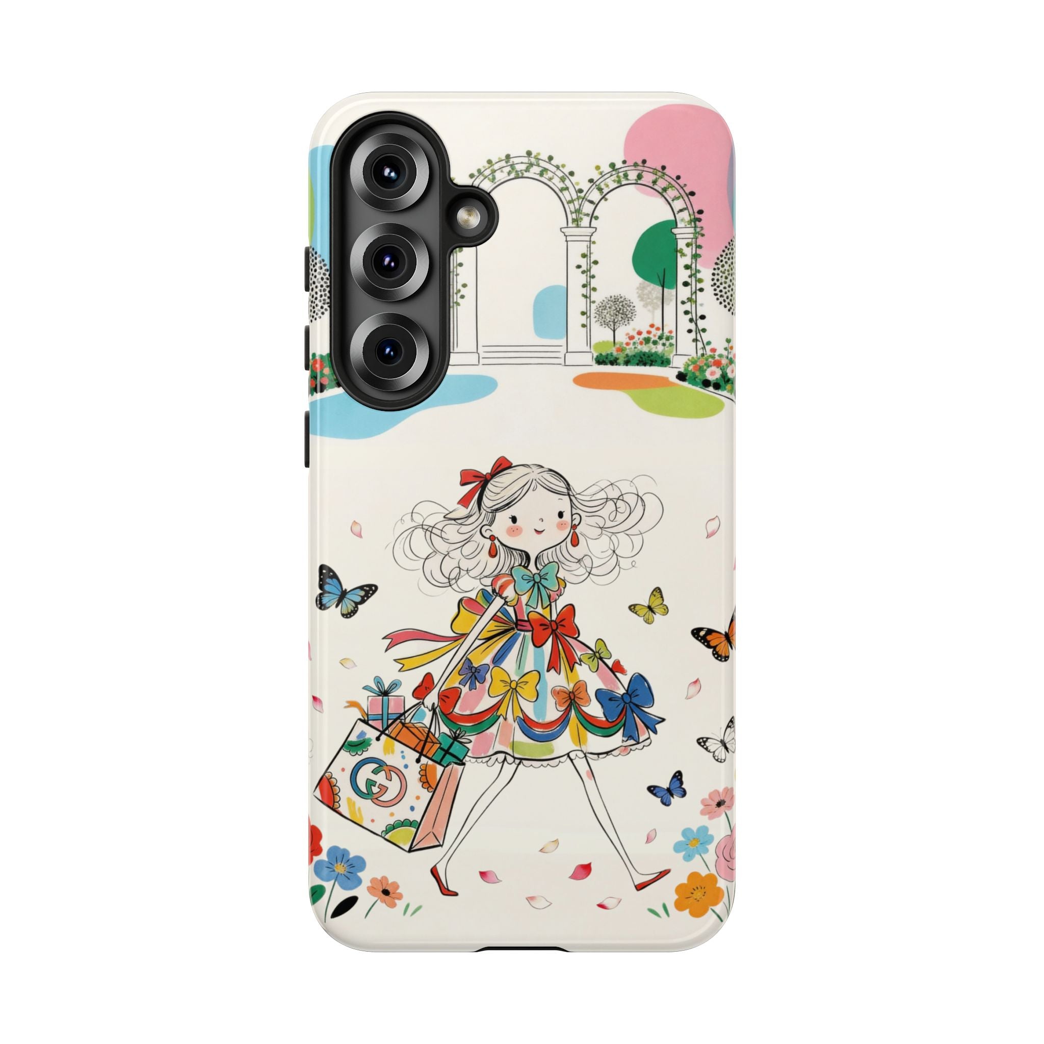 Whimsical Shopping Girl Samsung Galaxy Phone Case | Cute Floral Butterfly Tough Case