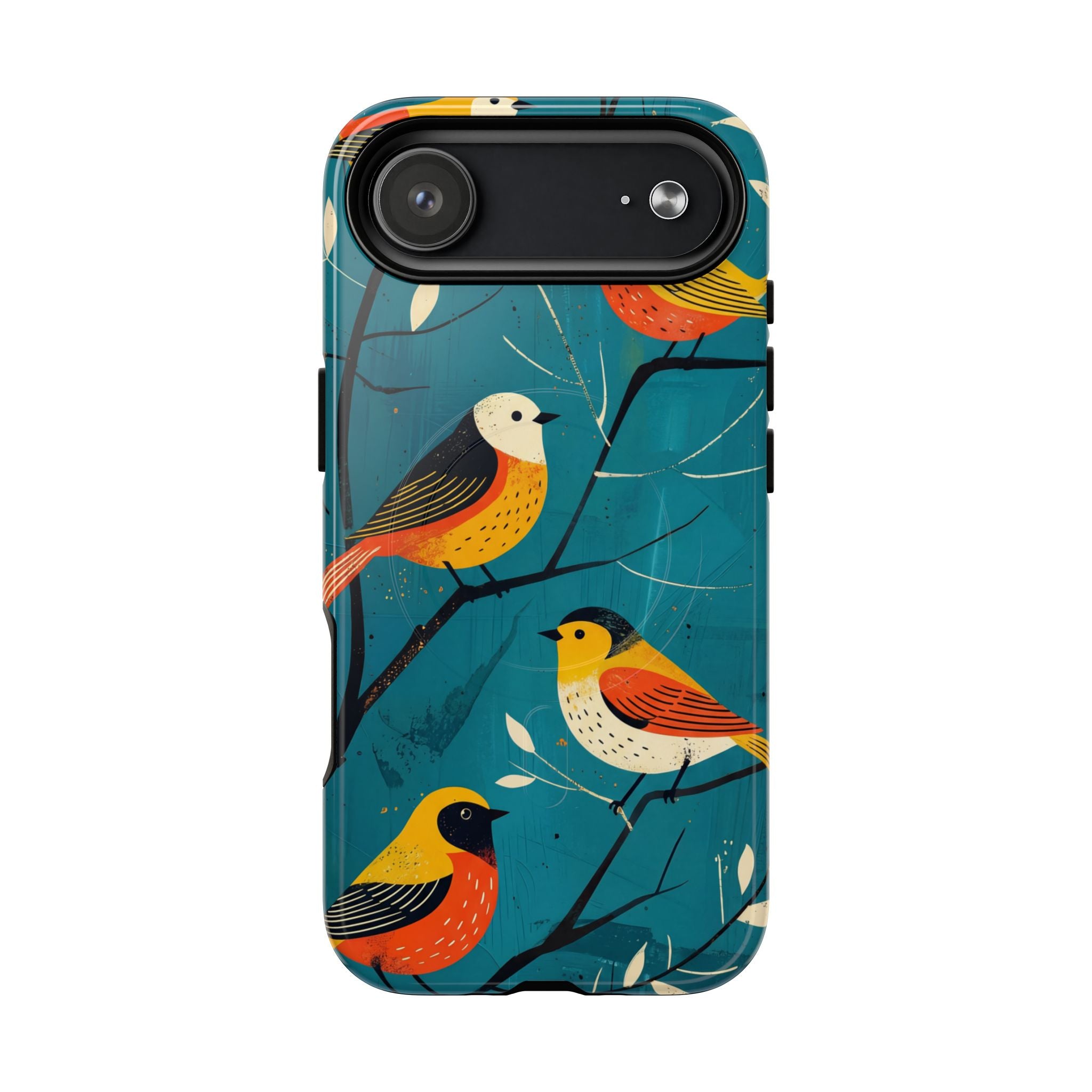 Bird Pattern Tough MagSafe iPhone Case | Colourful Songbirds on Teal Background