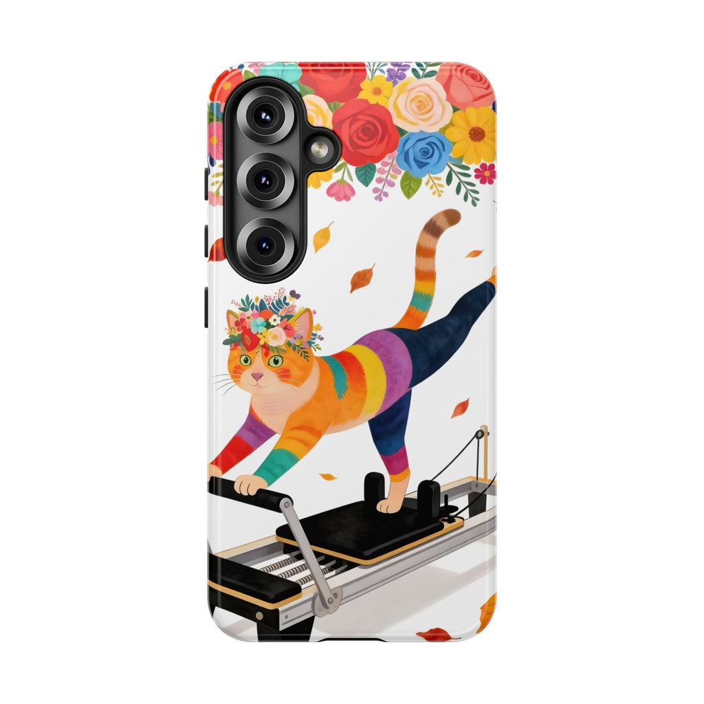 Cat Pilates Samsung Galaxy Phone Case | Floral Rainbow Cat on Reformer