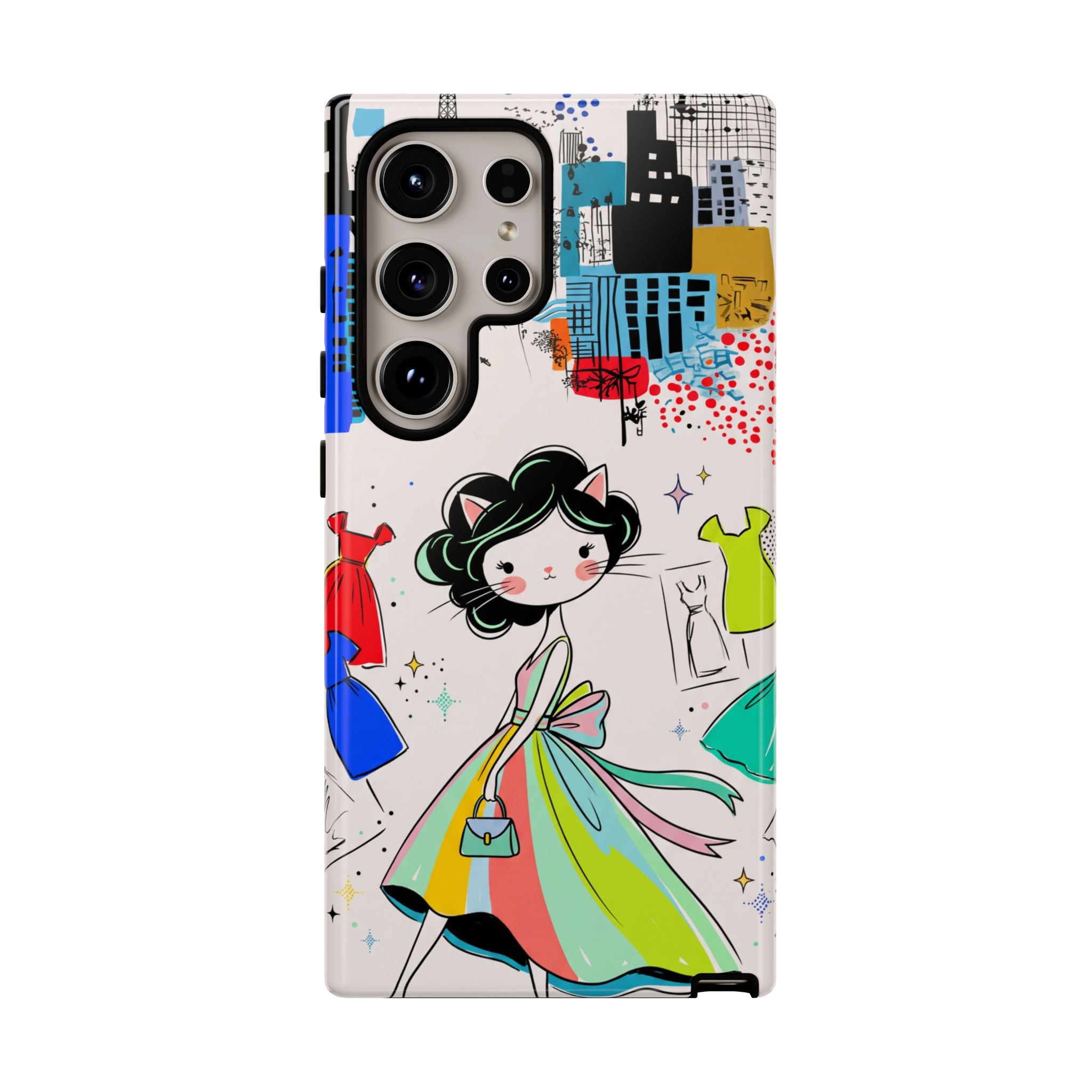 Retro Fashion Cat Girl Samsung Galaxy Phone Case | Cute Dress & City Print