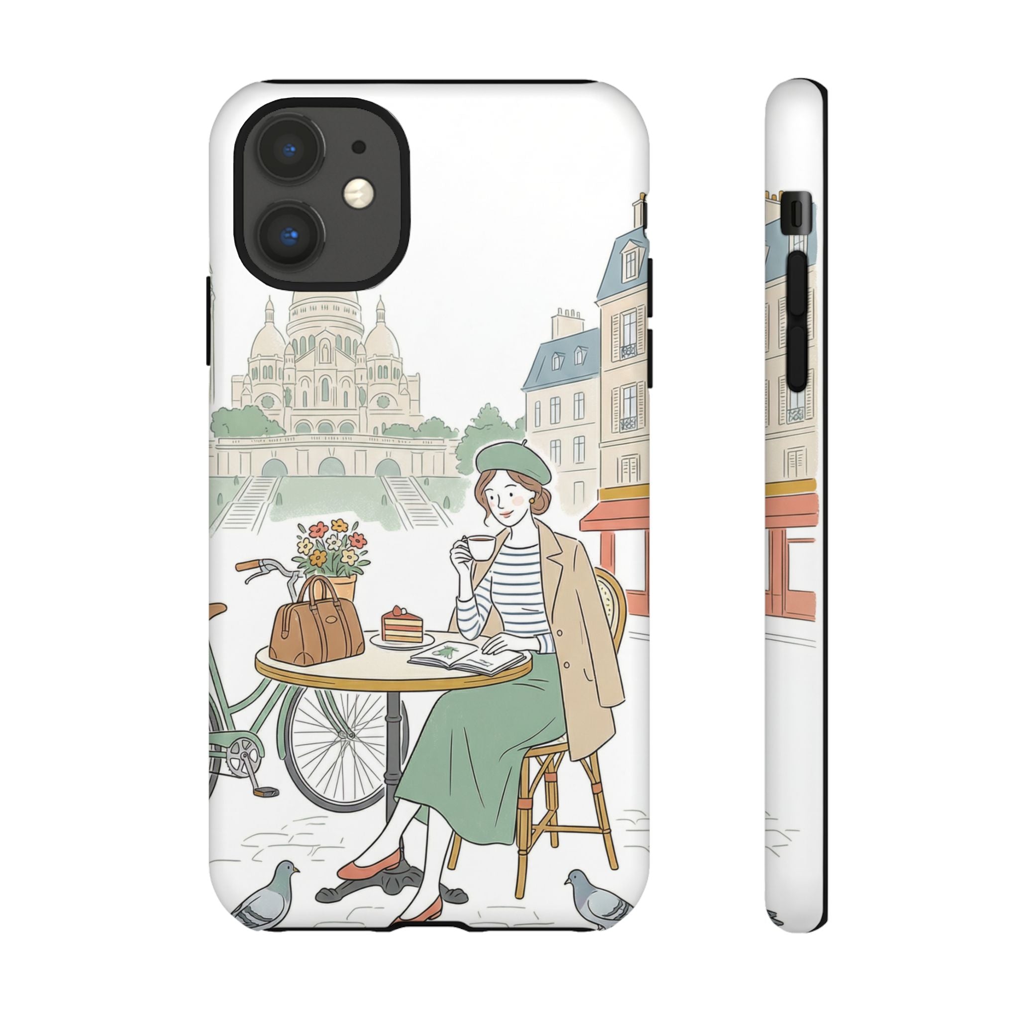 Paris Cafe Illustration iPhone Case | Vintage Bicycles & Pigeons Protective Cover