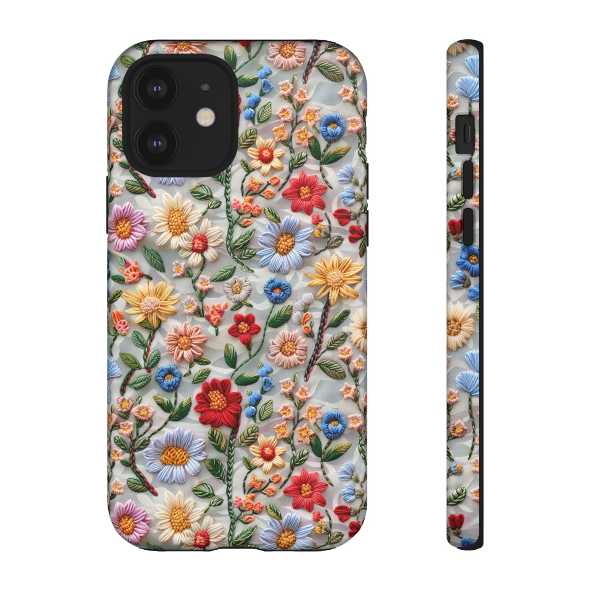 Floral Embroidered Pattern Tough iPhone Case — Colourful Daisy & Wildflower Design