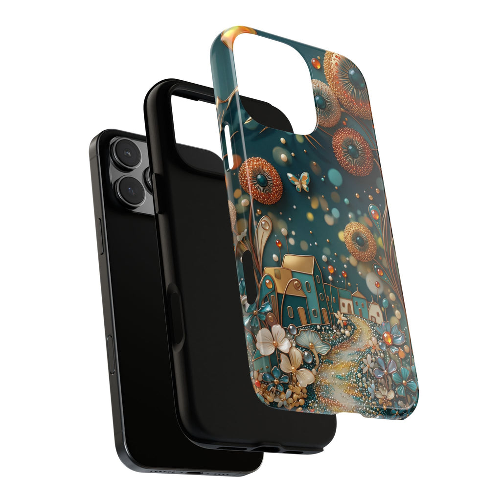 Whimsical Night Village iPhone Case | Floral Moonlit Art Tough Case