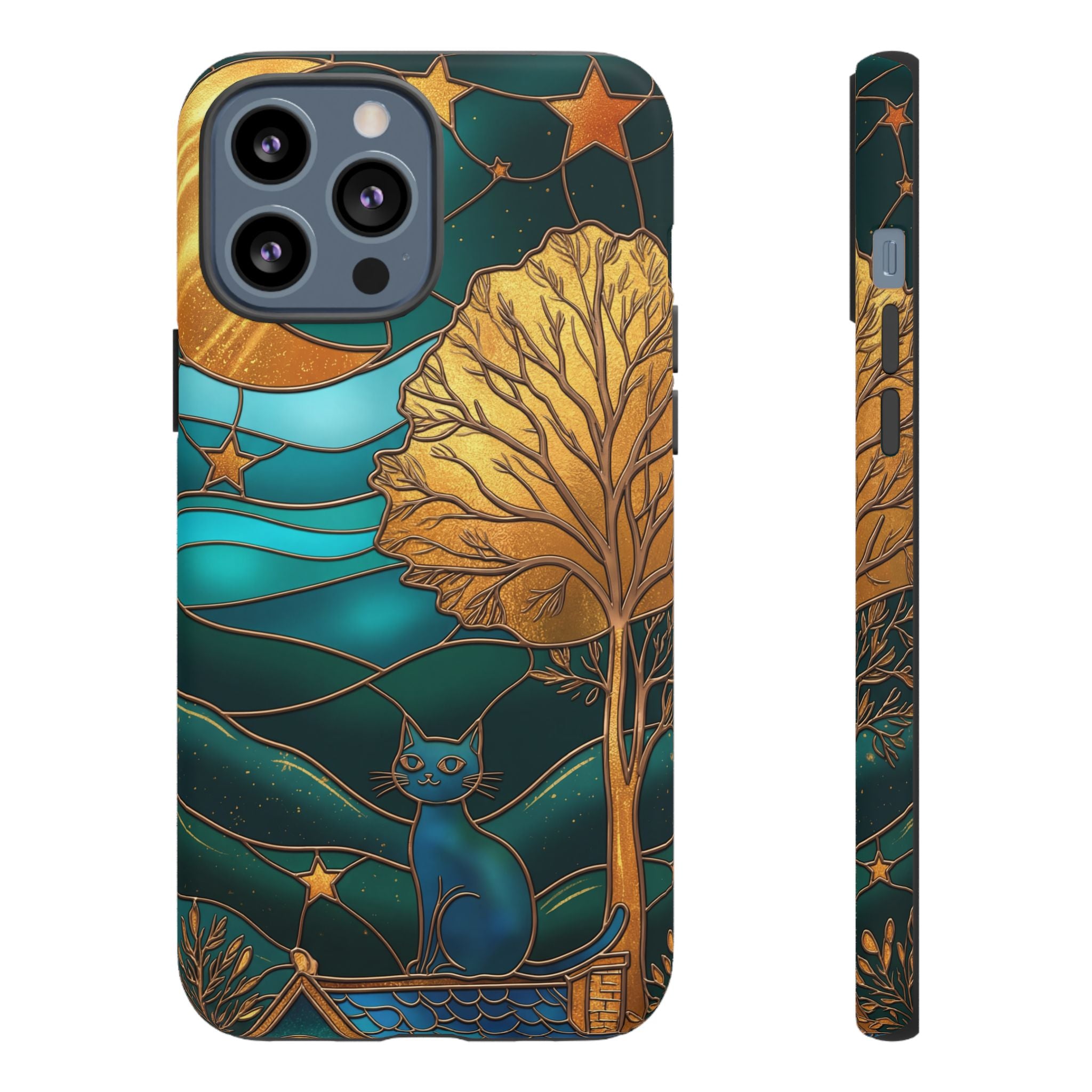 Stained Glass Cat Tough iPhone Case — Gold Tree & Starry Night Design