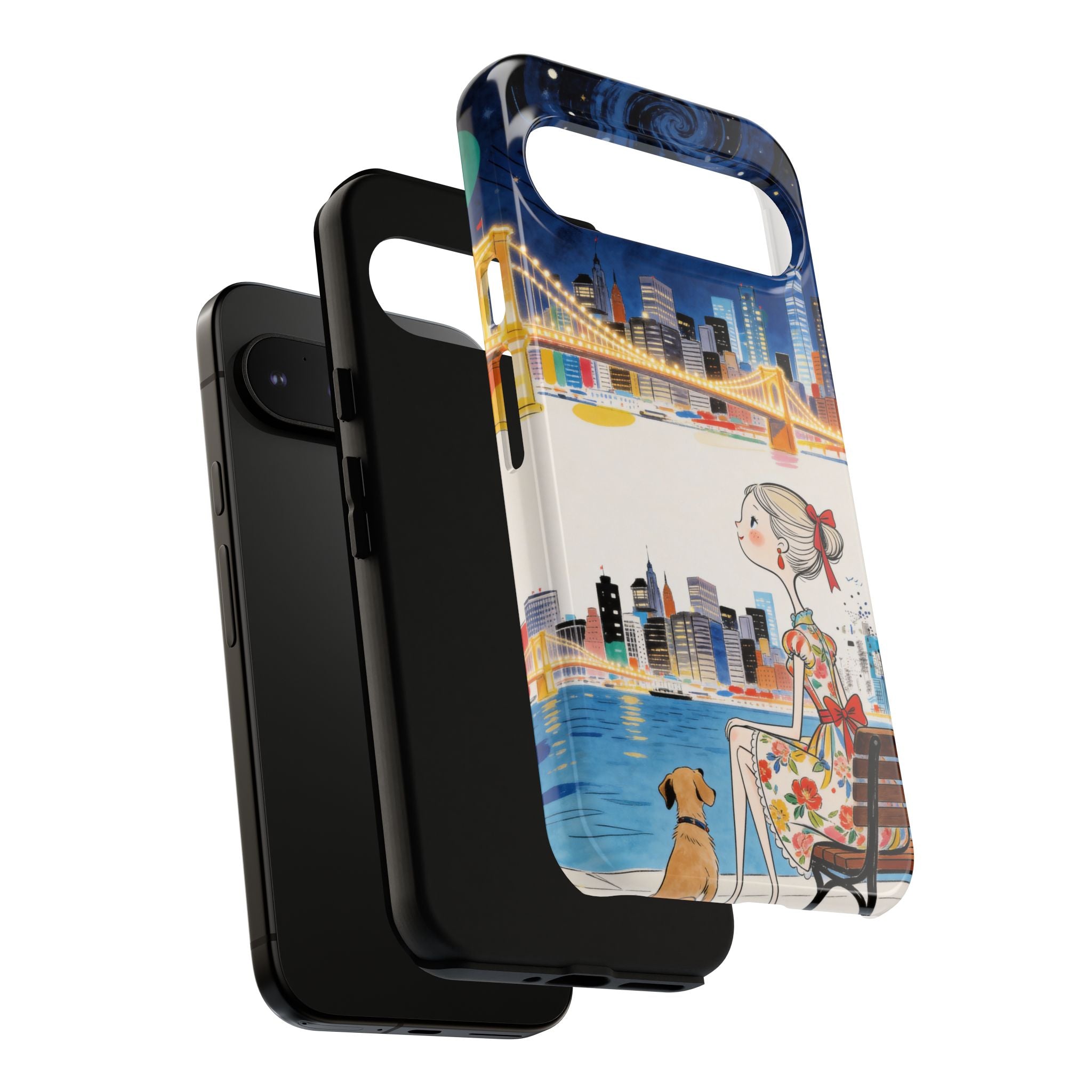City Night Google Pixel Phone Case | Cute Girl & Dog Bench Illustration