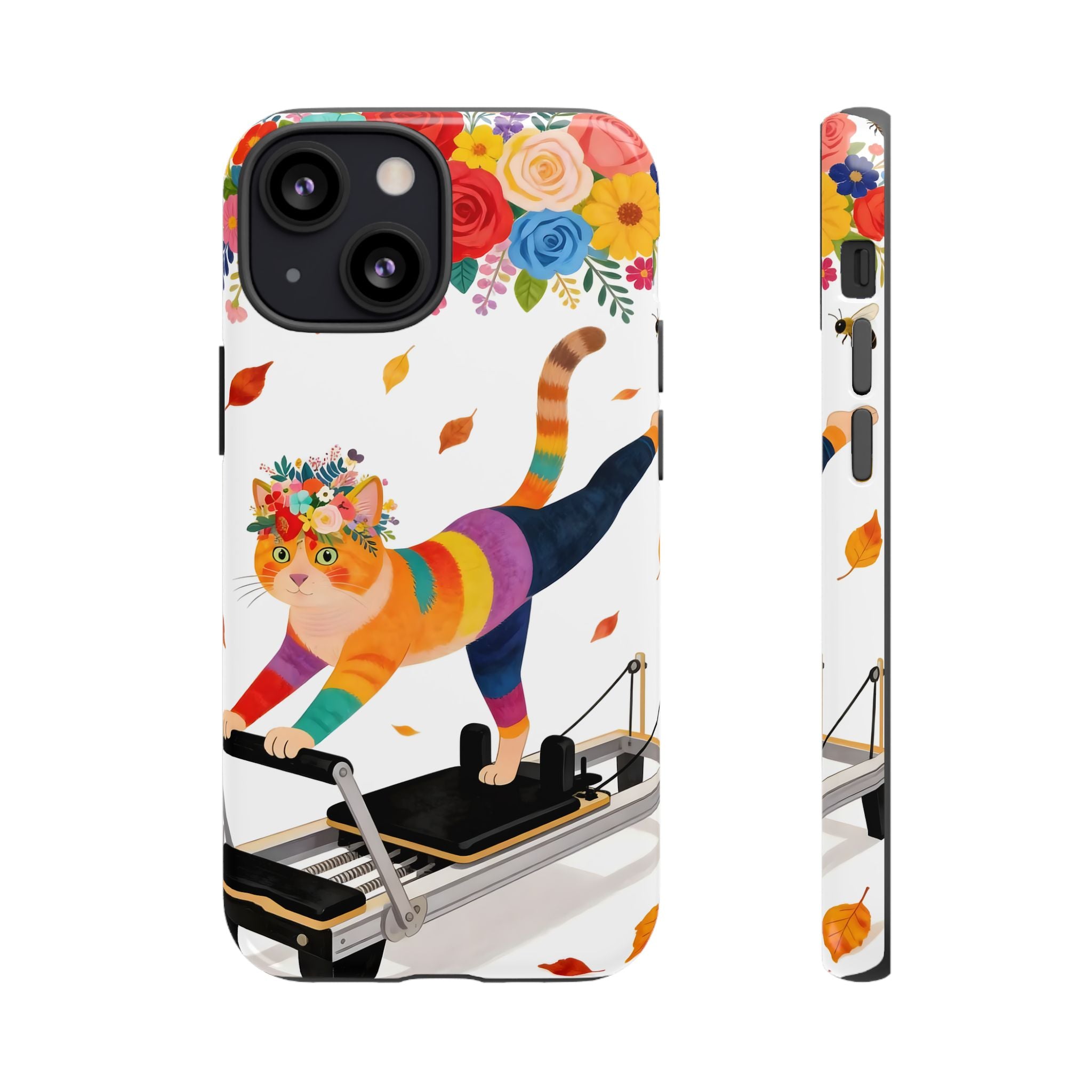 Cat Pilates iPhone Case | Floral Rainbow Cat on Reformer