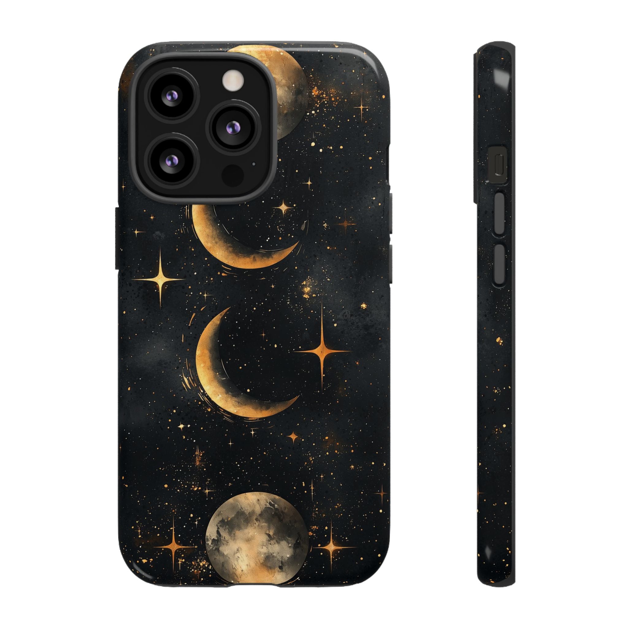 Celestial Moon Phases Tough iPhone Case | Gold Crescent & Full Moon Galaxy Design