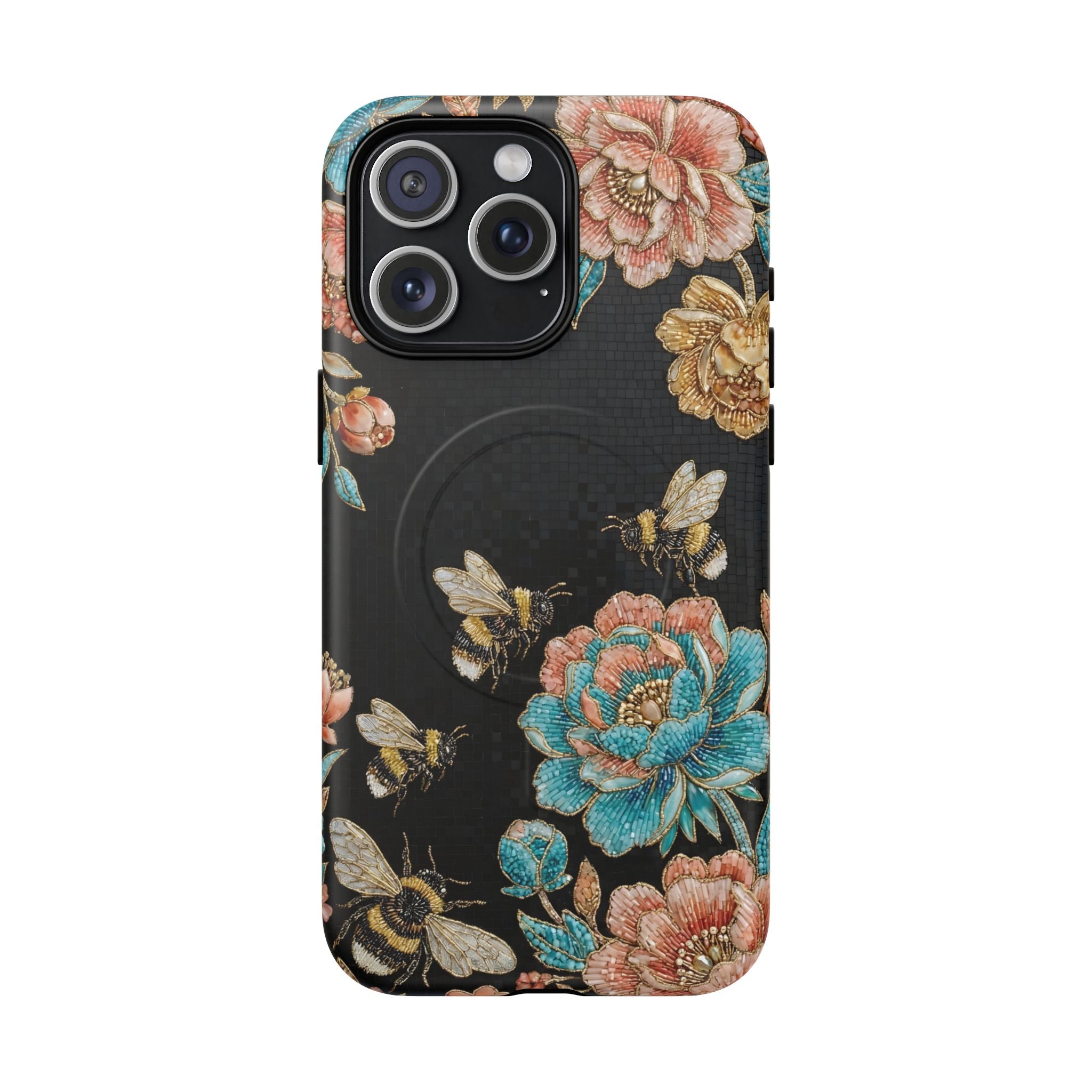 Floral Bees Tough MagSafe iPhone Case | Vintage Rose & Bumblebee Protective Cover