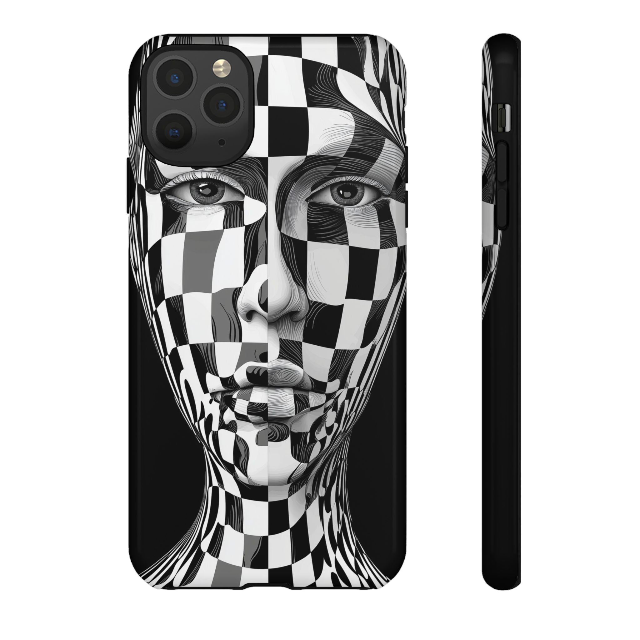 Checkerboard Face Tough iPhone Case — Black & White Surreal Art Protective Cover