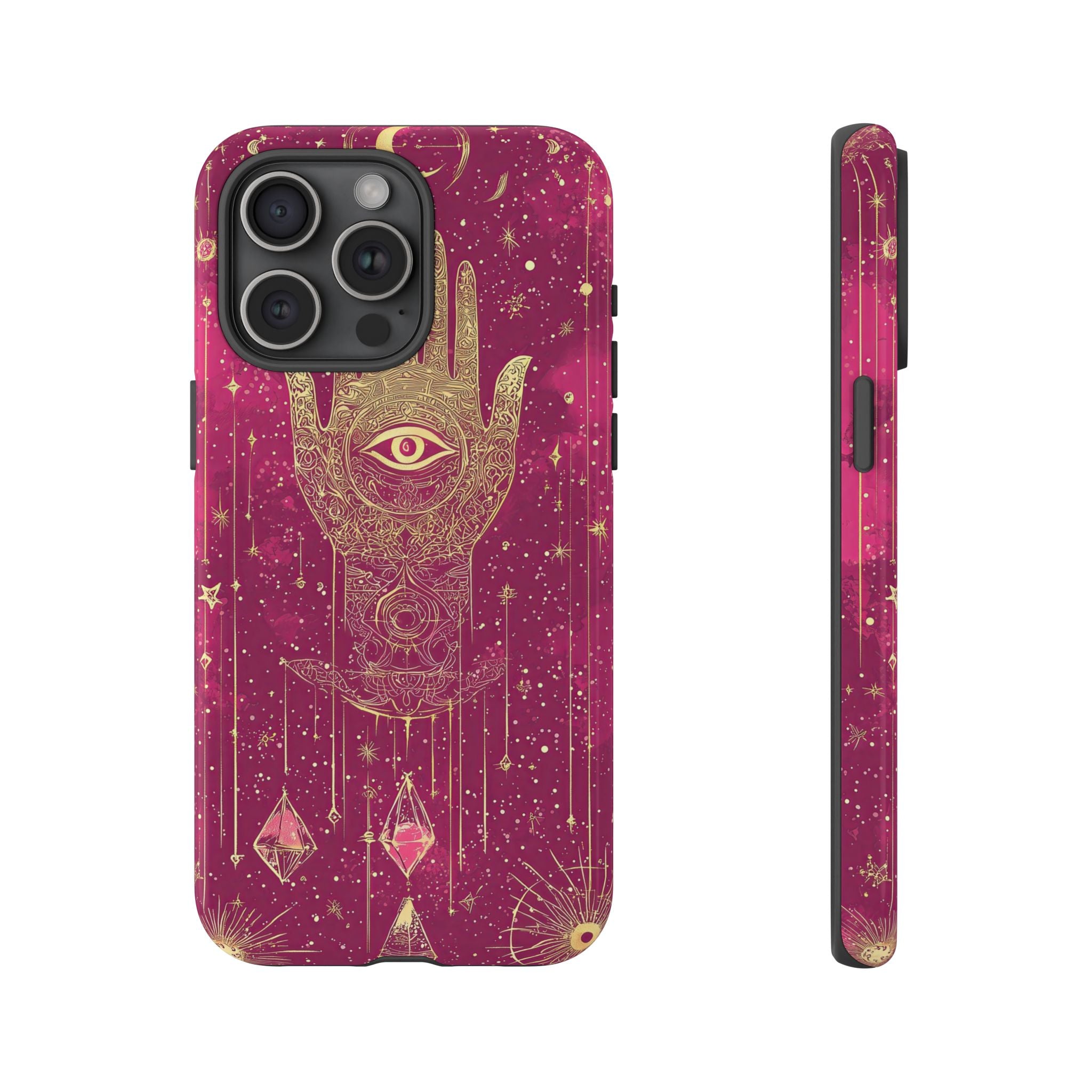 Mystic Hamsa iPhone Case | Gold Palm & All-Seeing Eye on Magenta Galaxy