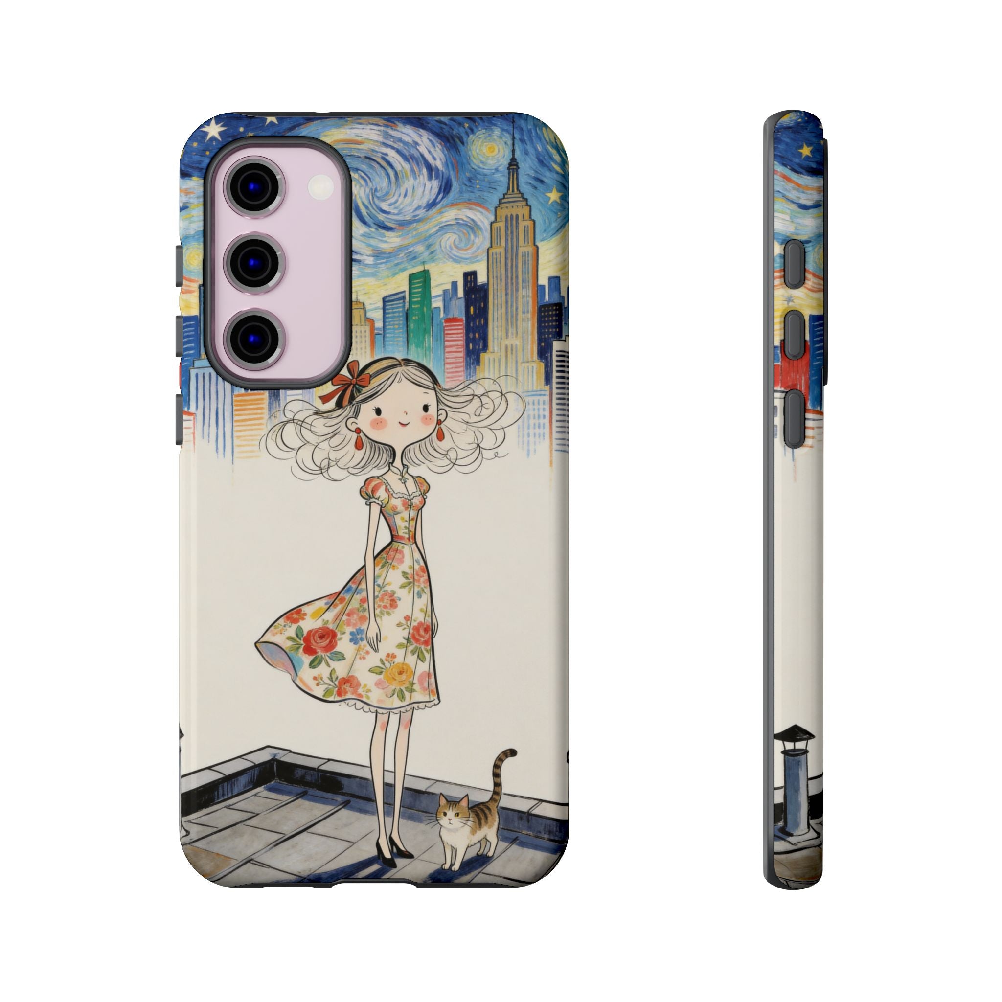 Artistic Girl Cityscape Samsung Galaxy Phone Case | Cute Floral Dress Rooftop Design