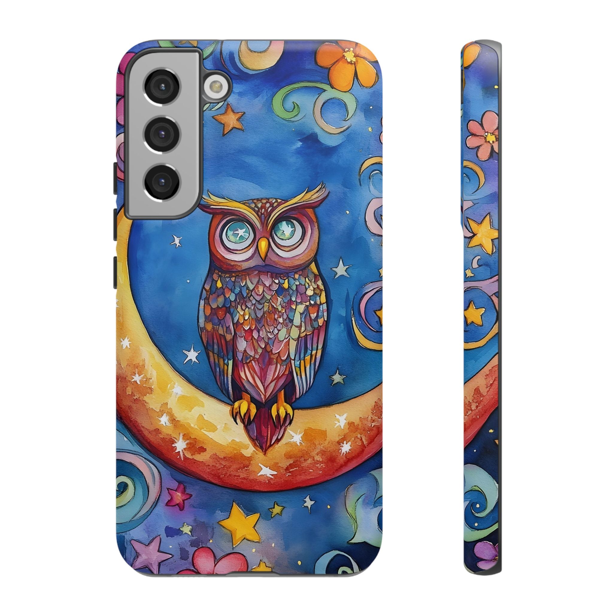 Owl on Crescent Moon Samsung Galaxy Case — Colourful Whimsical Night Sky Design