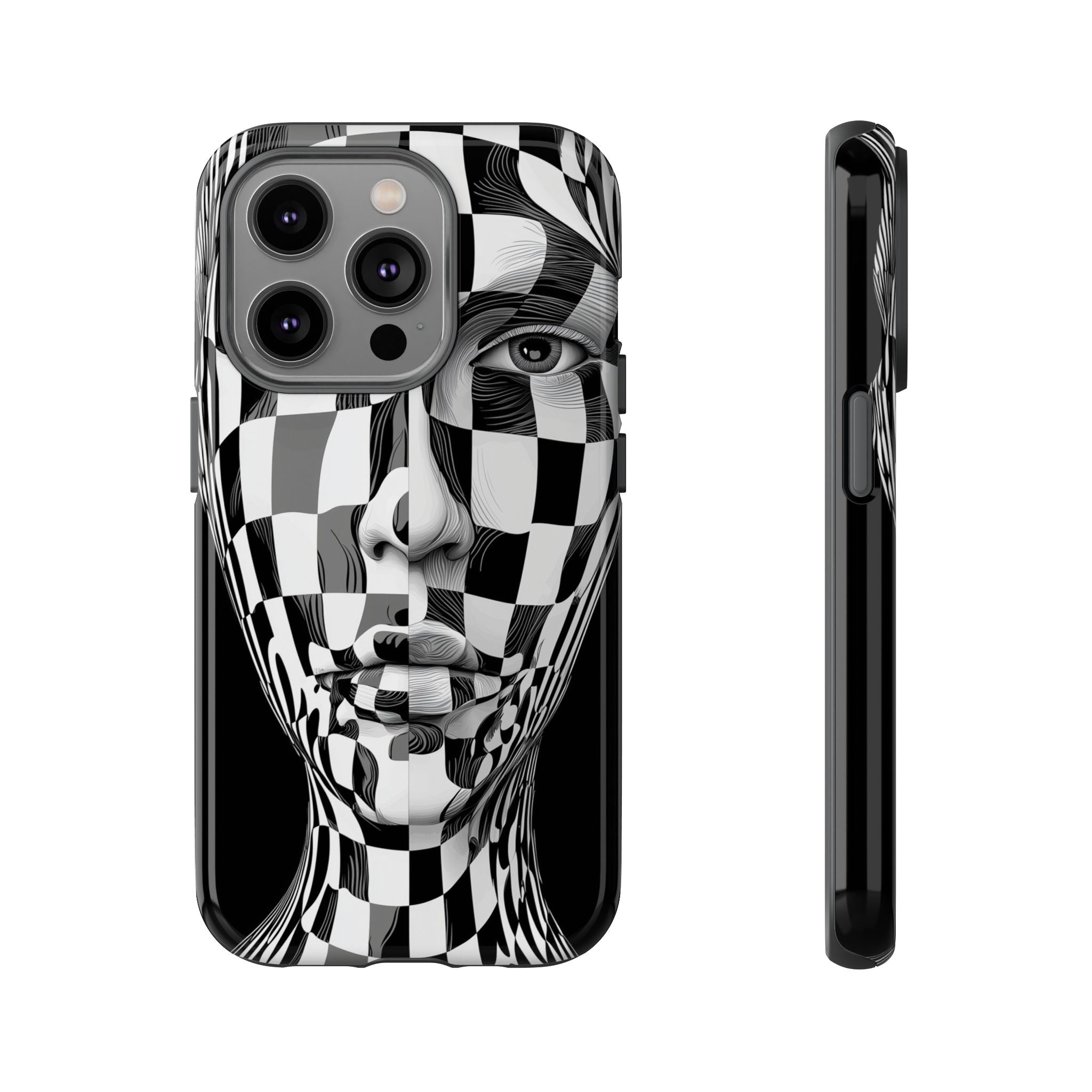 Checkerboard Face Tough iPhone Case — Black & White Surreal Art Protective Cover
