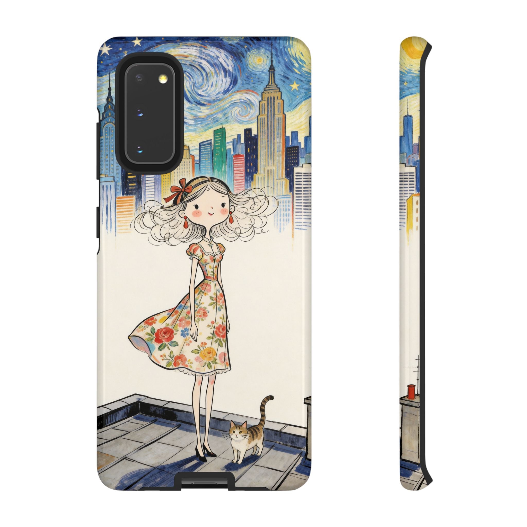 Artistic Girl Cityscape Samsung Galaxy Phone Case | Cute Floral Dress Rooftop Design