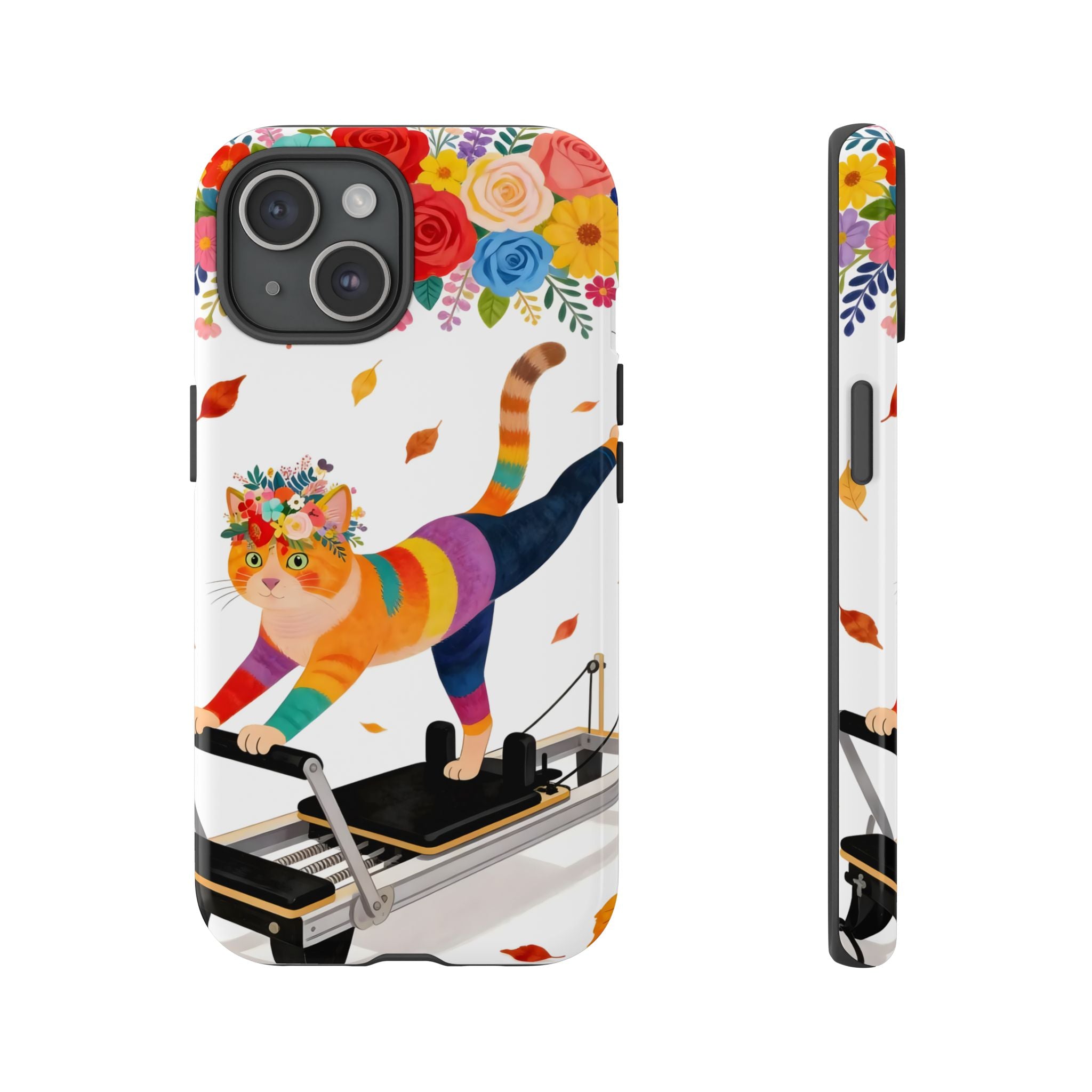 Cat Pilates iPhone Case | Floral Rainbow Cat on Reformer