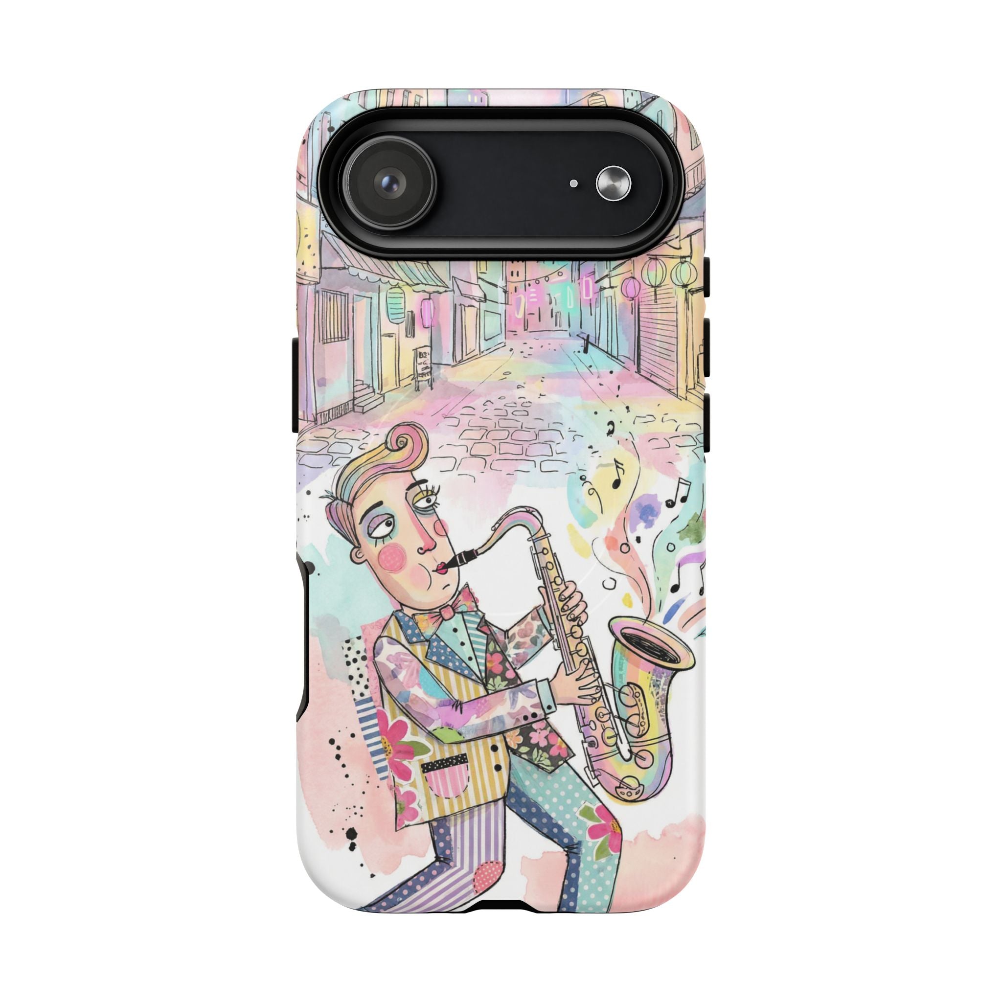 Sax Player Art MagSafe iPhone Case | Pastel Jazz Street Illustration