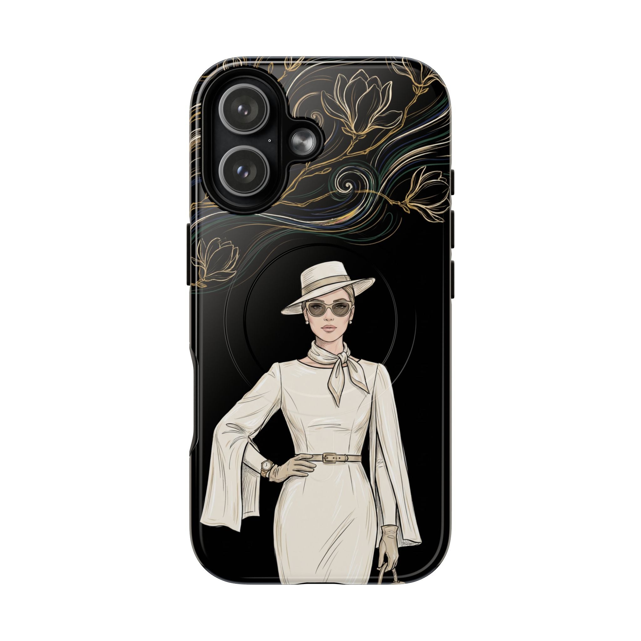 MagSafe iPhone Case | Elegant Vintage Lady with Gold Floral Swirls