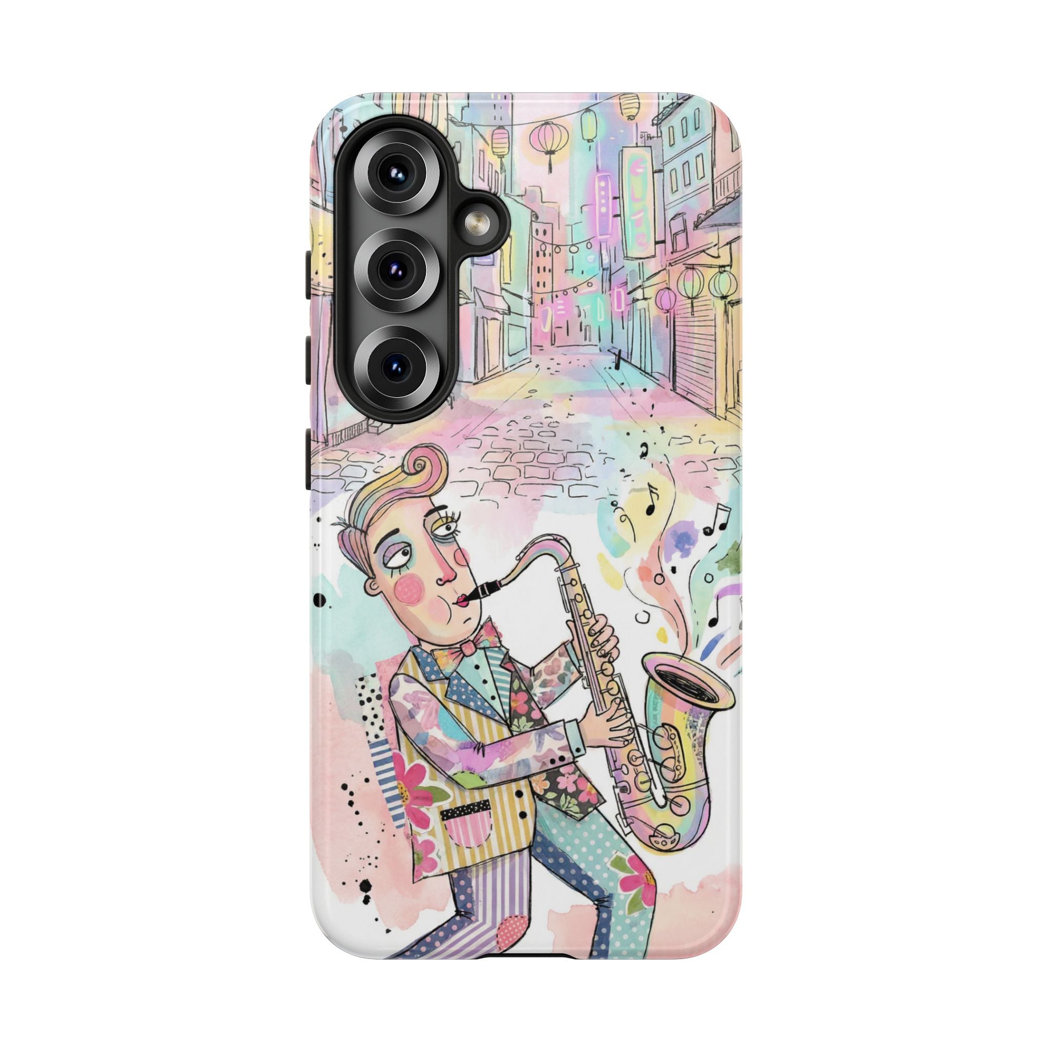 Sax Player Art Samsung Galaxy Phone Case | Pastel Jazz Street Illustration