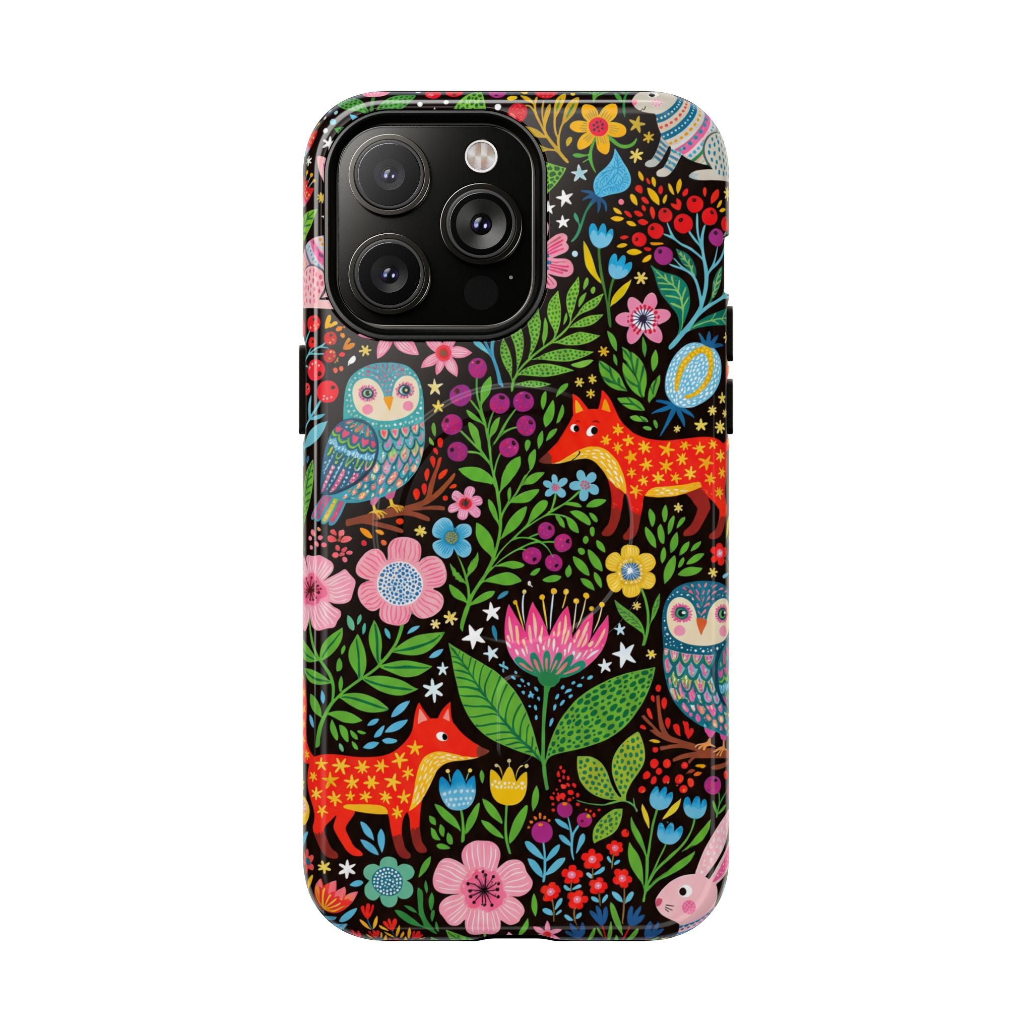 Floral Woodland MagSafe iPhone Case | Colourful Fox & Owl Protective Cover