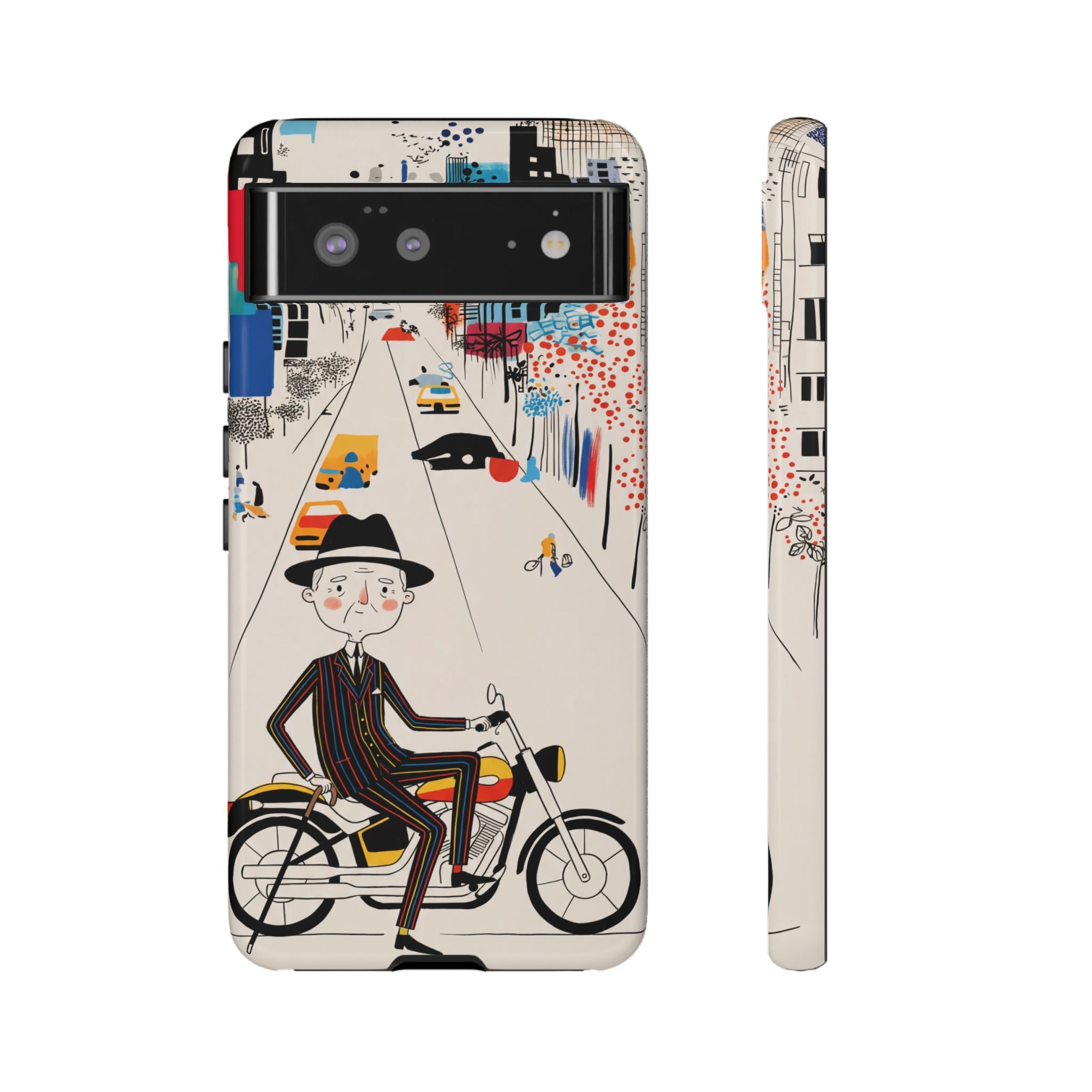 Vintage Grandpa Rider Motorcycle Google Pixel Phone Case | Illustrated Cityscape