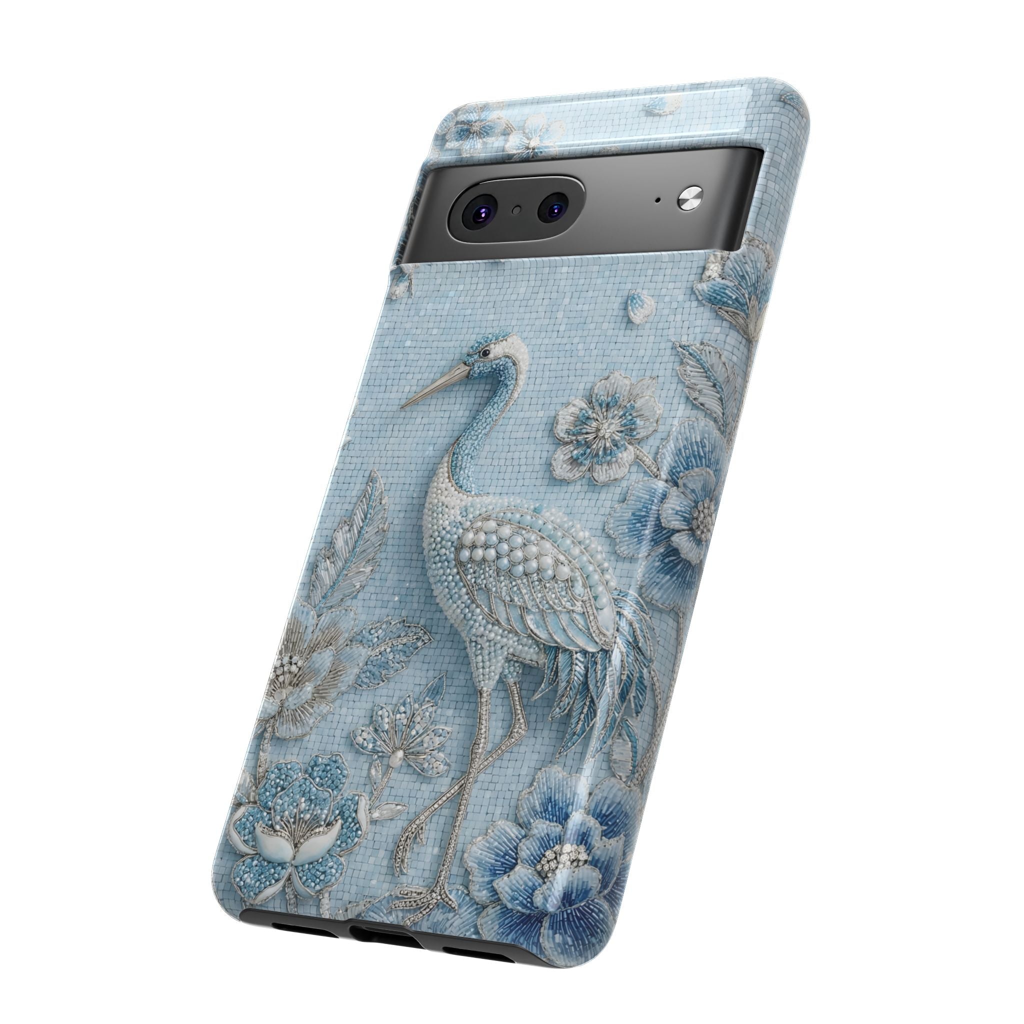 Blue Crane Floral Google Pixel Phone Case | Vintage Embossed Bird Design
